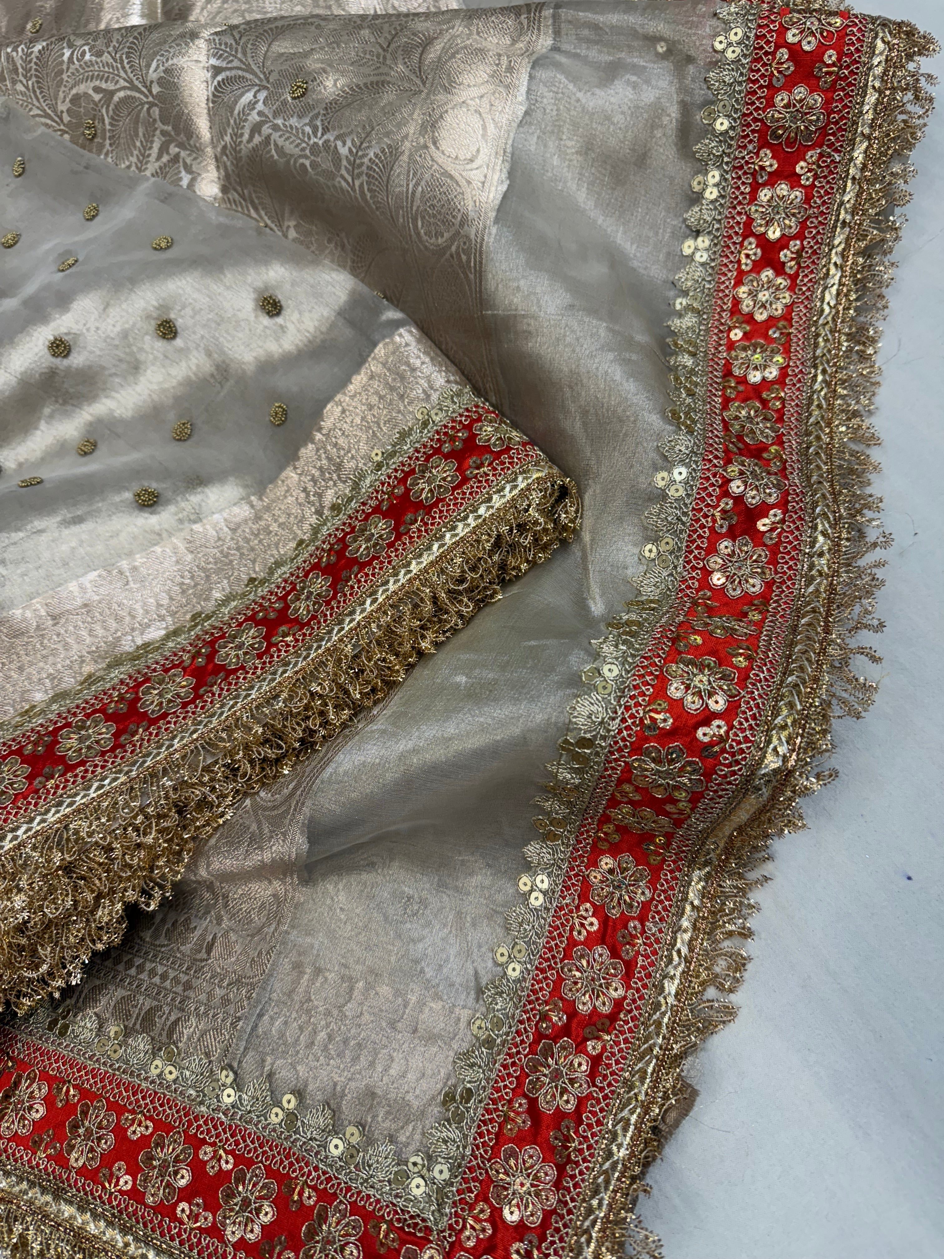 Diamond tissue silk chunri buti hand embroidered panetar saree