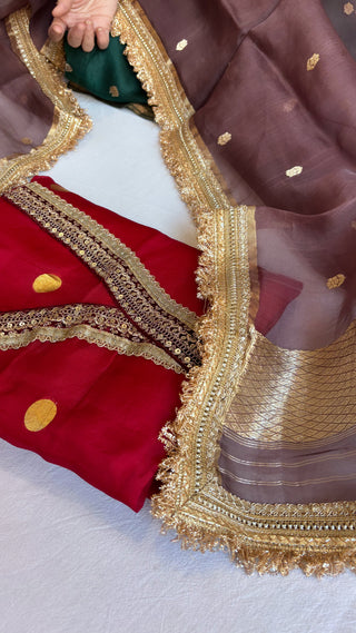 Banarasi kora silk red-lilac contrast gotapatti suit sets