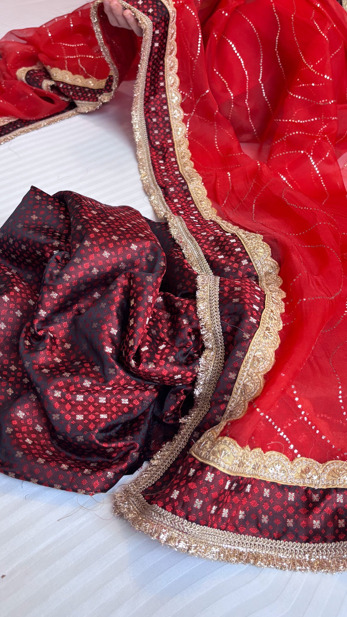 Blood maroonish red mashru tanchoi silk kurta paired with kora silk mukaish badla duppata set