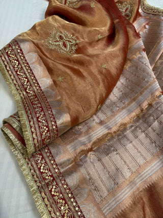 Cocktail edit sarees - Red tissue silk heavy hand embroidered saree