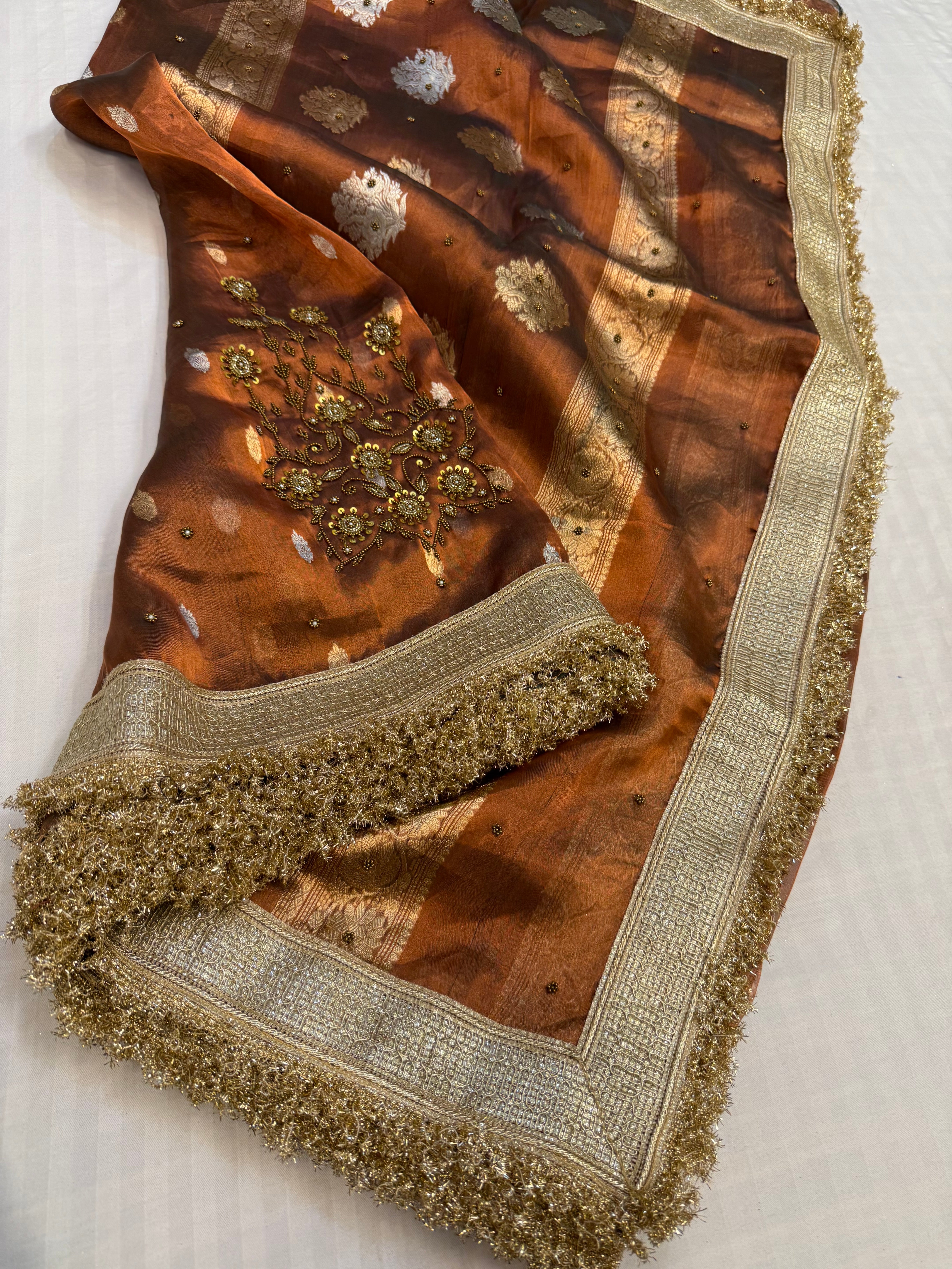 Cocktail edit sarees - Bronze tissue silk heavy hand embroidered sarees