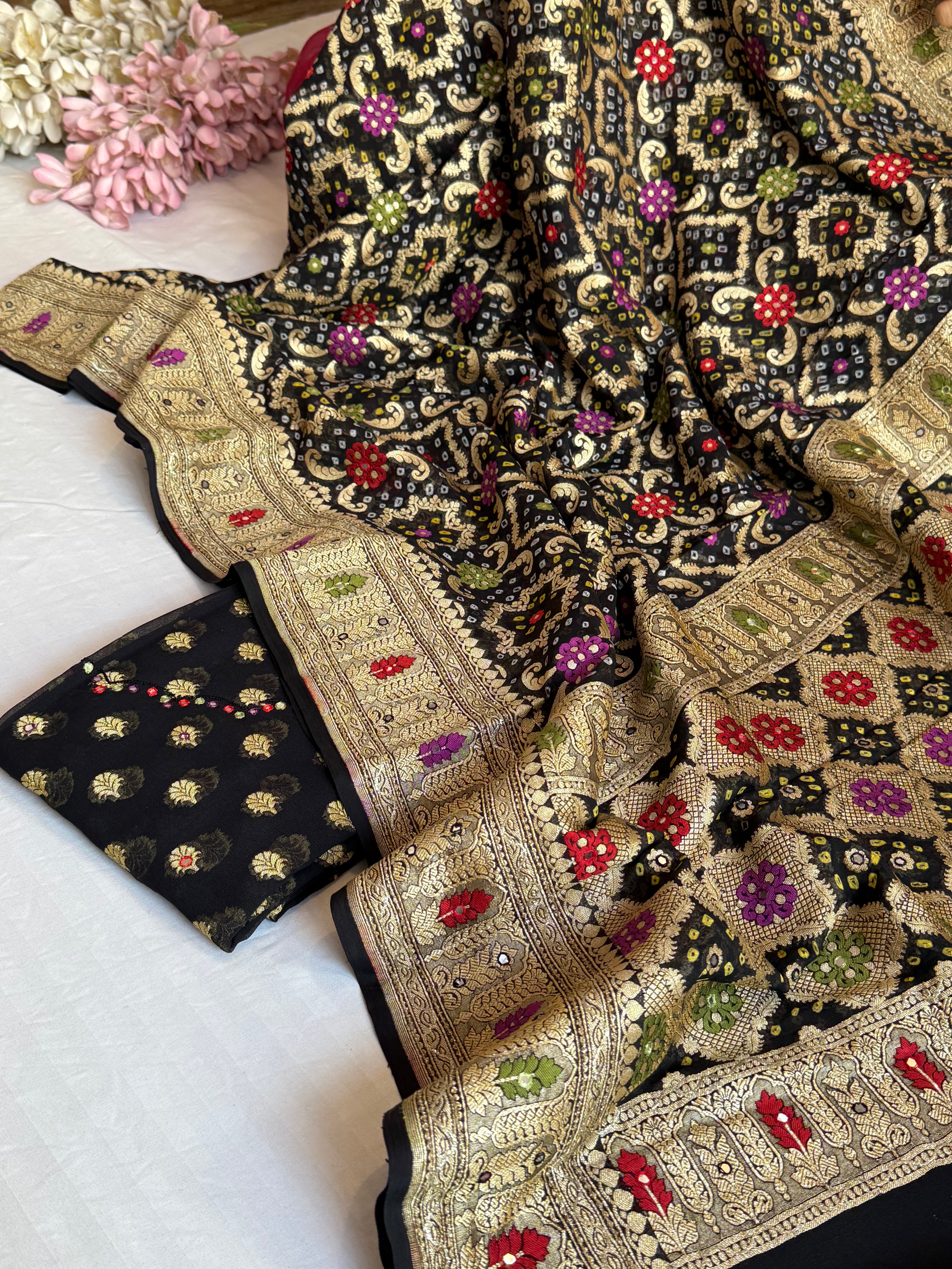 Mirror and dori work black banarasi gorgette kadhwa suit set