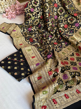 Mirror and dori work black banarasi gorgette kadhwa suit set
