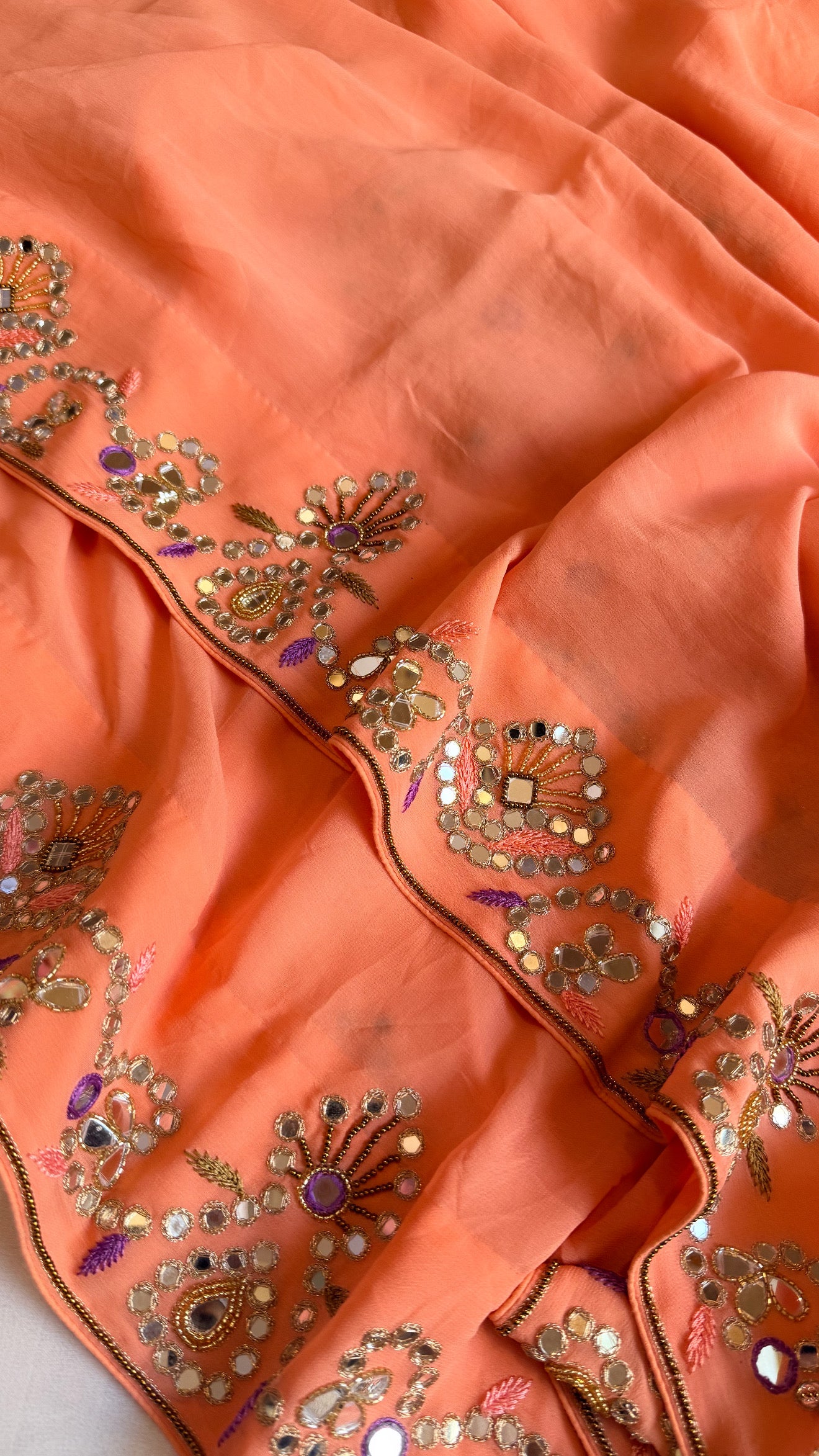 Mother’s Day offer - Peachy orange chiffon gorgette mirrorwork hand embroidered sarees
