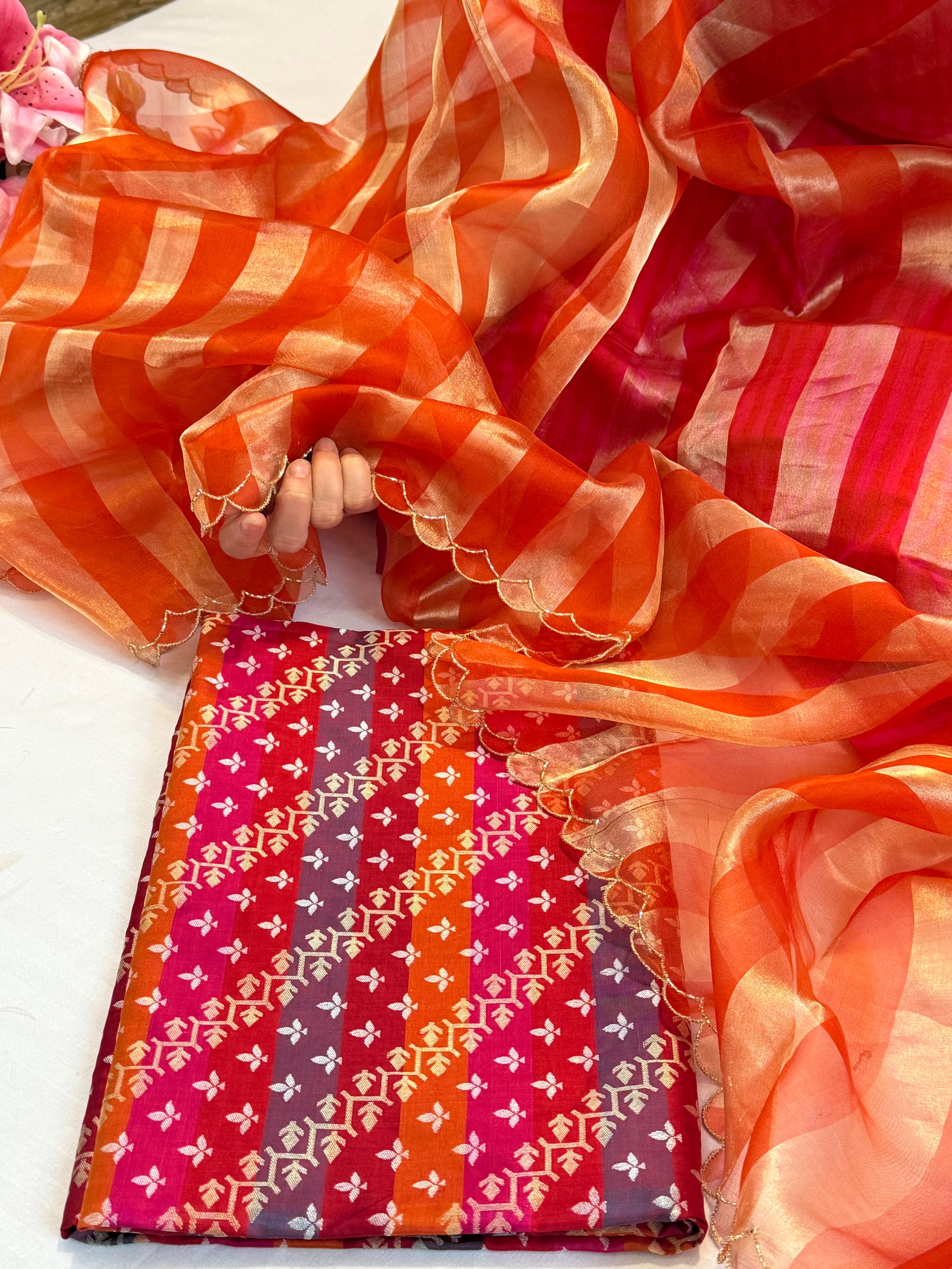 Katan silk rangkaat weaving kurta paired with Kora tissue striped duppata set