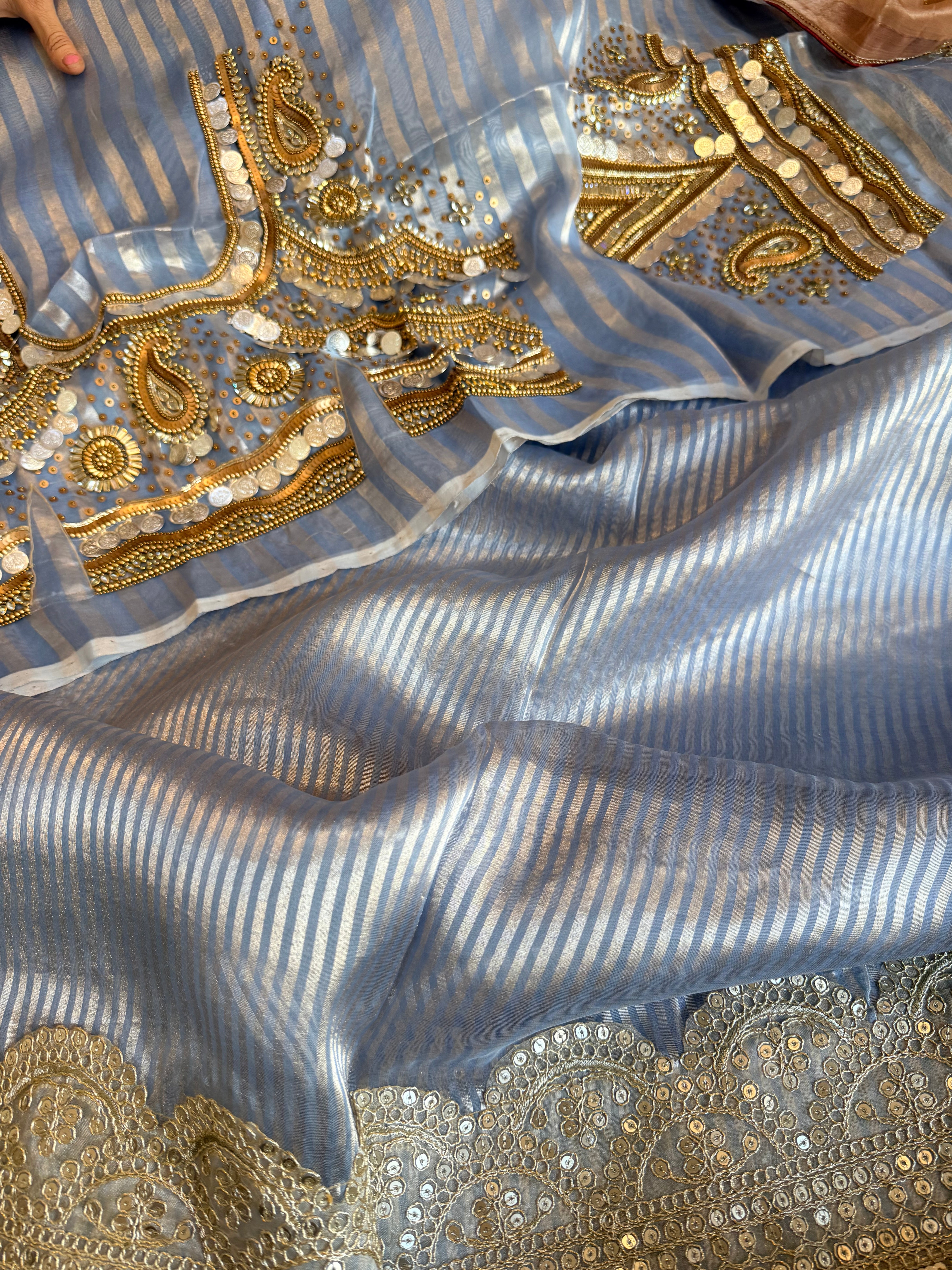 Kundan blouse edit -  tissue silk hand embroidered striped saree with jewellery blouse