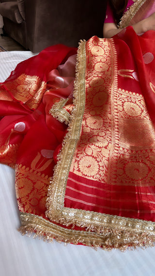 Tamatar laal shade leela kora silk kadhwa buti saree