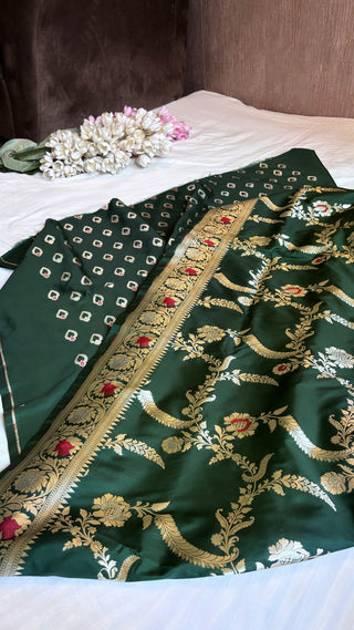 Dark green banarasi mashru silk suit set