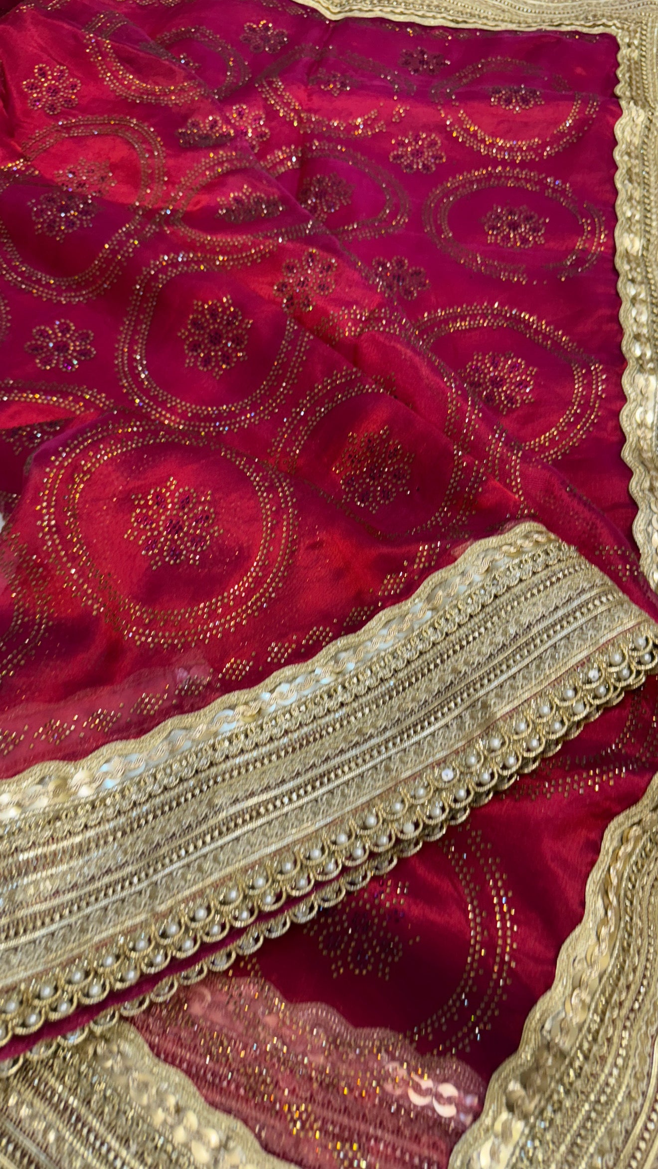 Sitara stonework cranberry red tissue silk gotapatti saree
