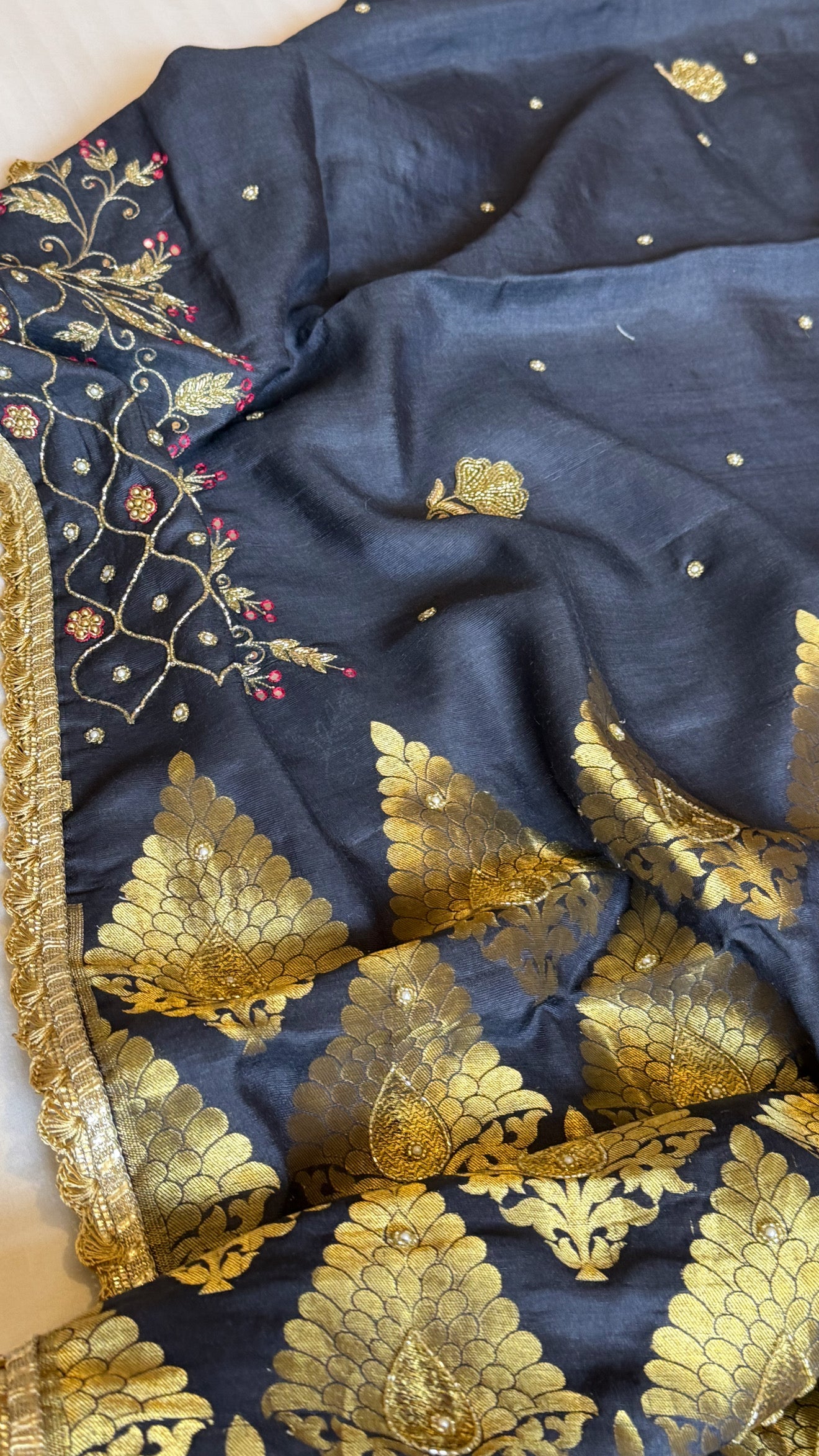 Navy blue moonga tussar silk hand embroidered kadhwa saree