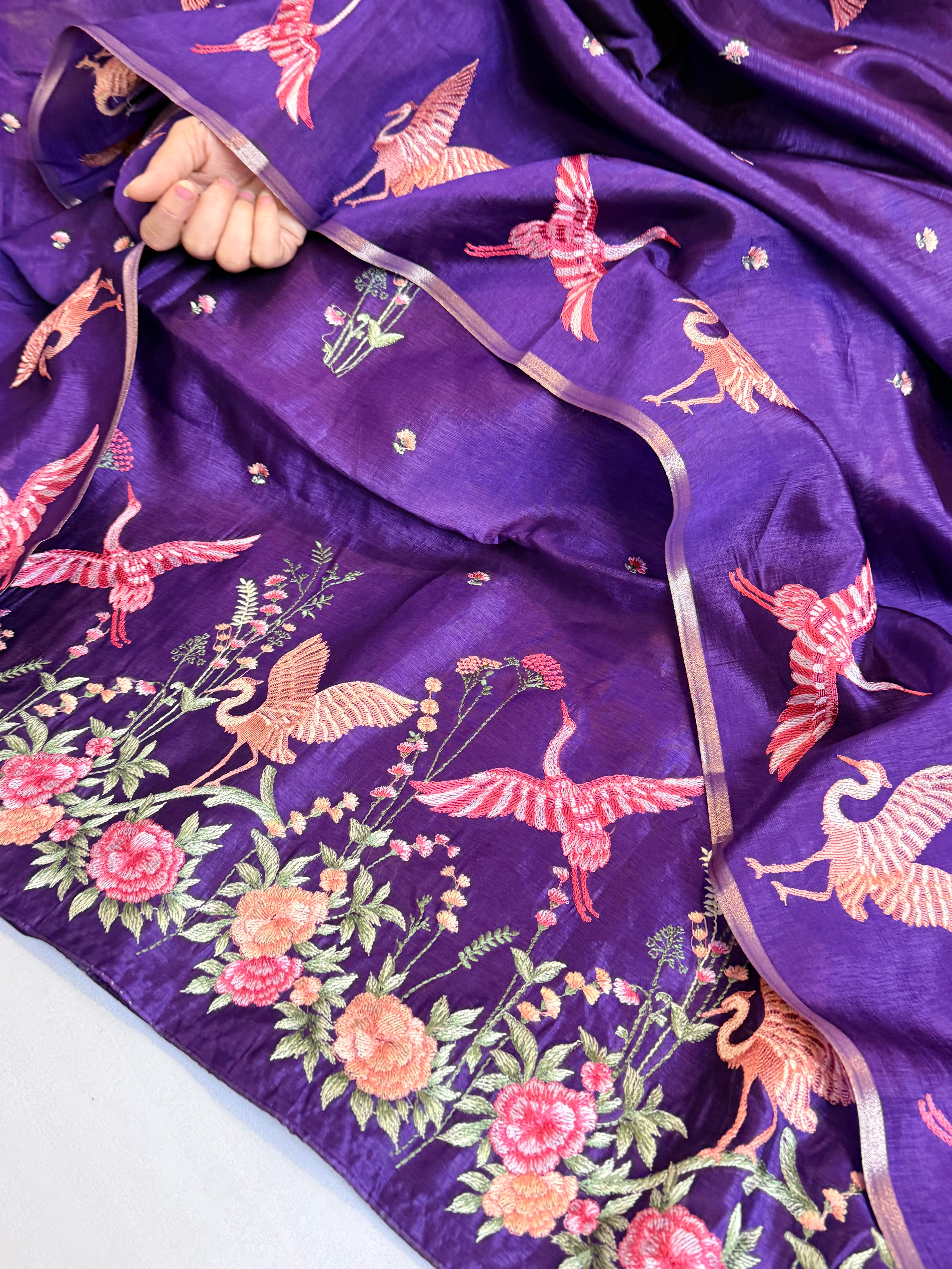 BELOW 8K - Parsi gara purple resham work banarasi chiniya silk kadhwa suit sets