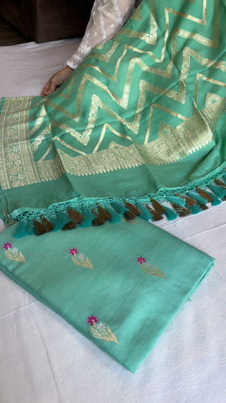 Sea green moonga silk meenedar kadhwa chevron duppata suit set