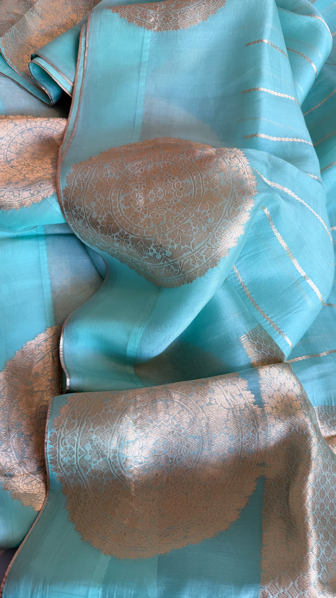 Blush blue kora silk banarasi border kadhwa saree