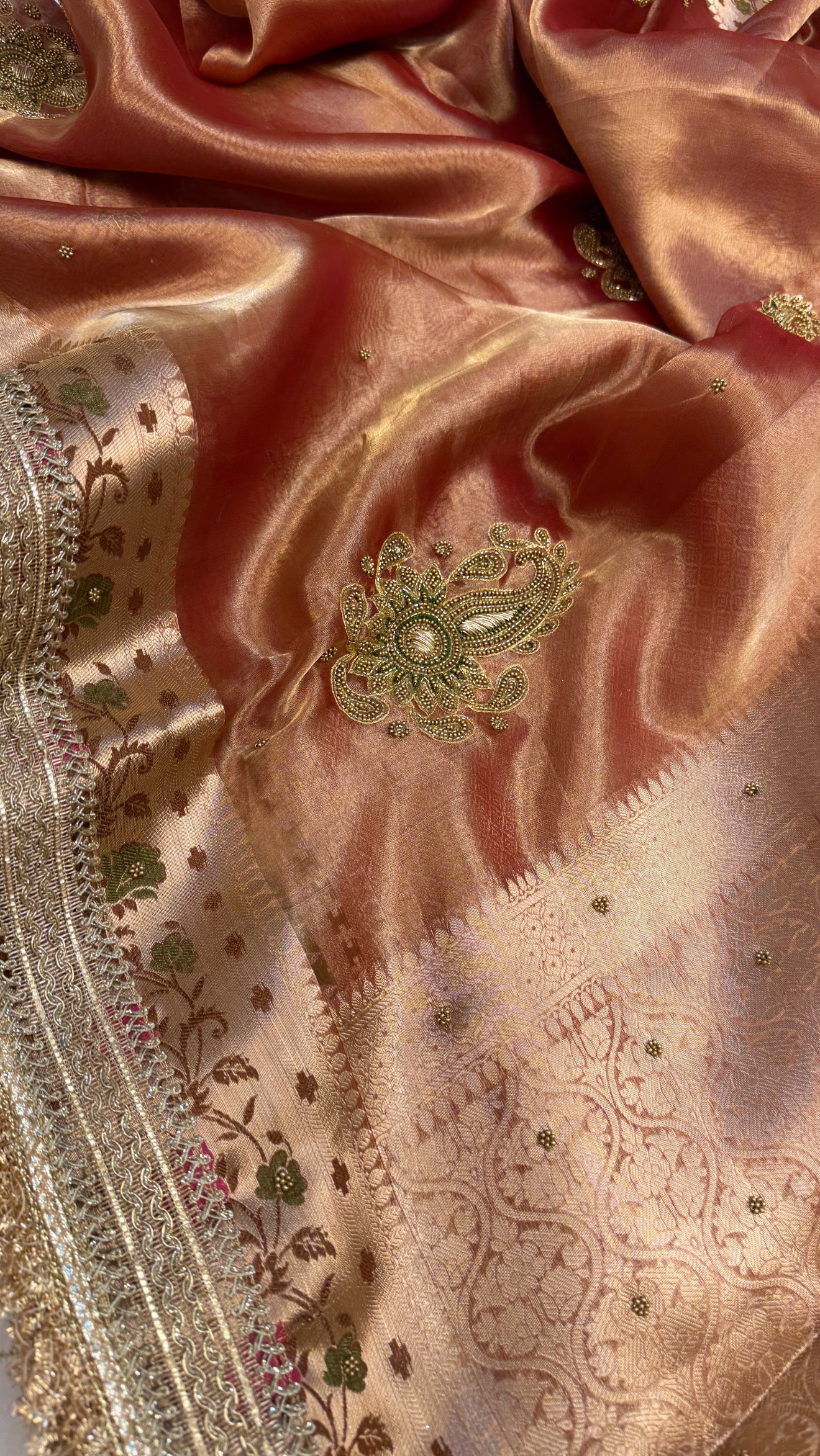 Cocktail edit sarees - Soft reddish orange tissue silk hand embroidered saree