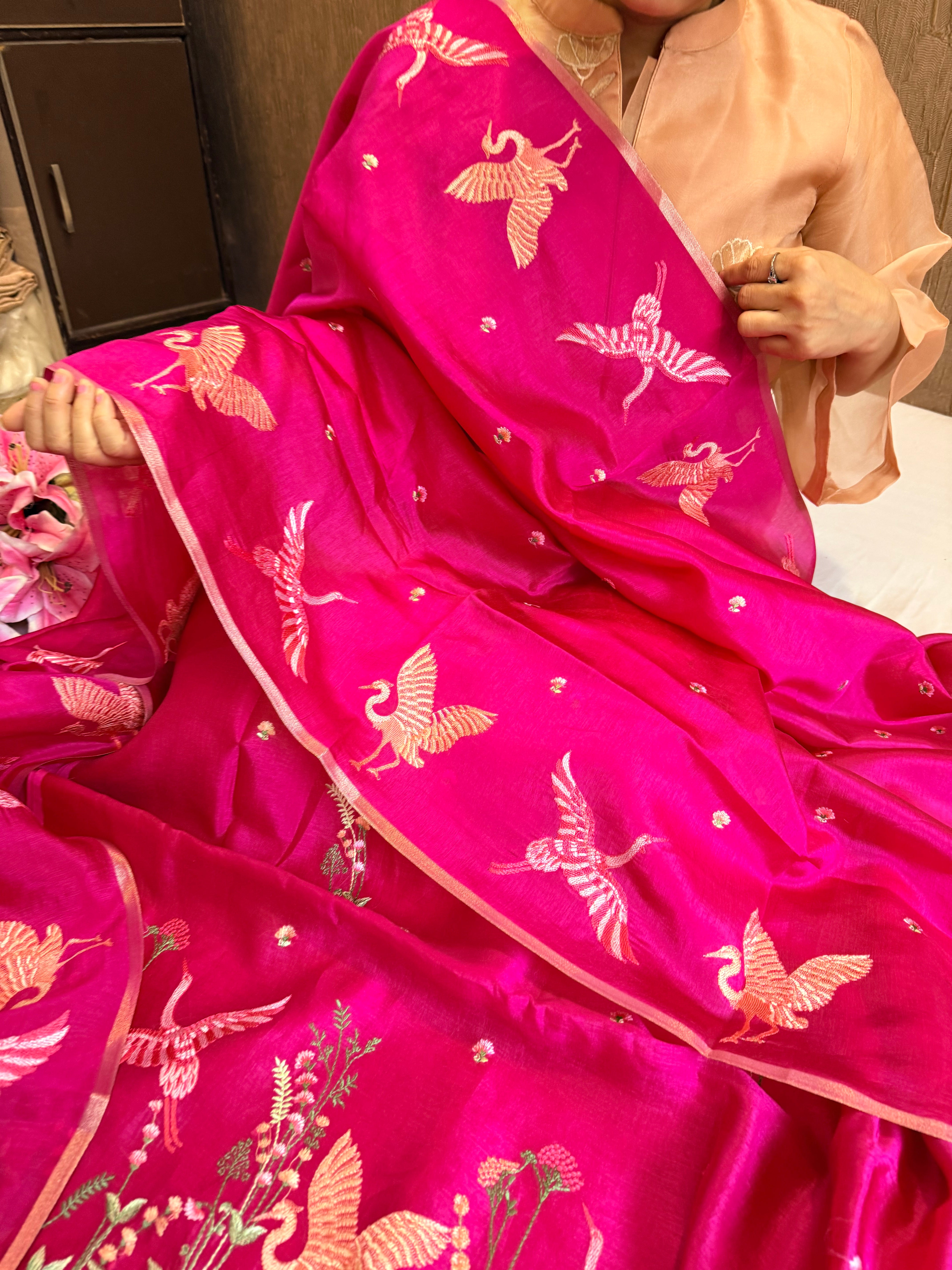 BELOW 8K - Parsi gara hot pink resham work banarasi chiniya silk kadhwa suit sets