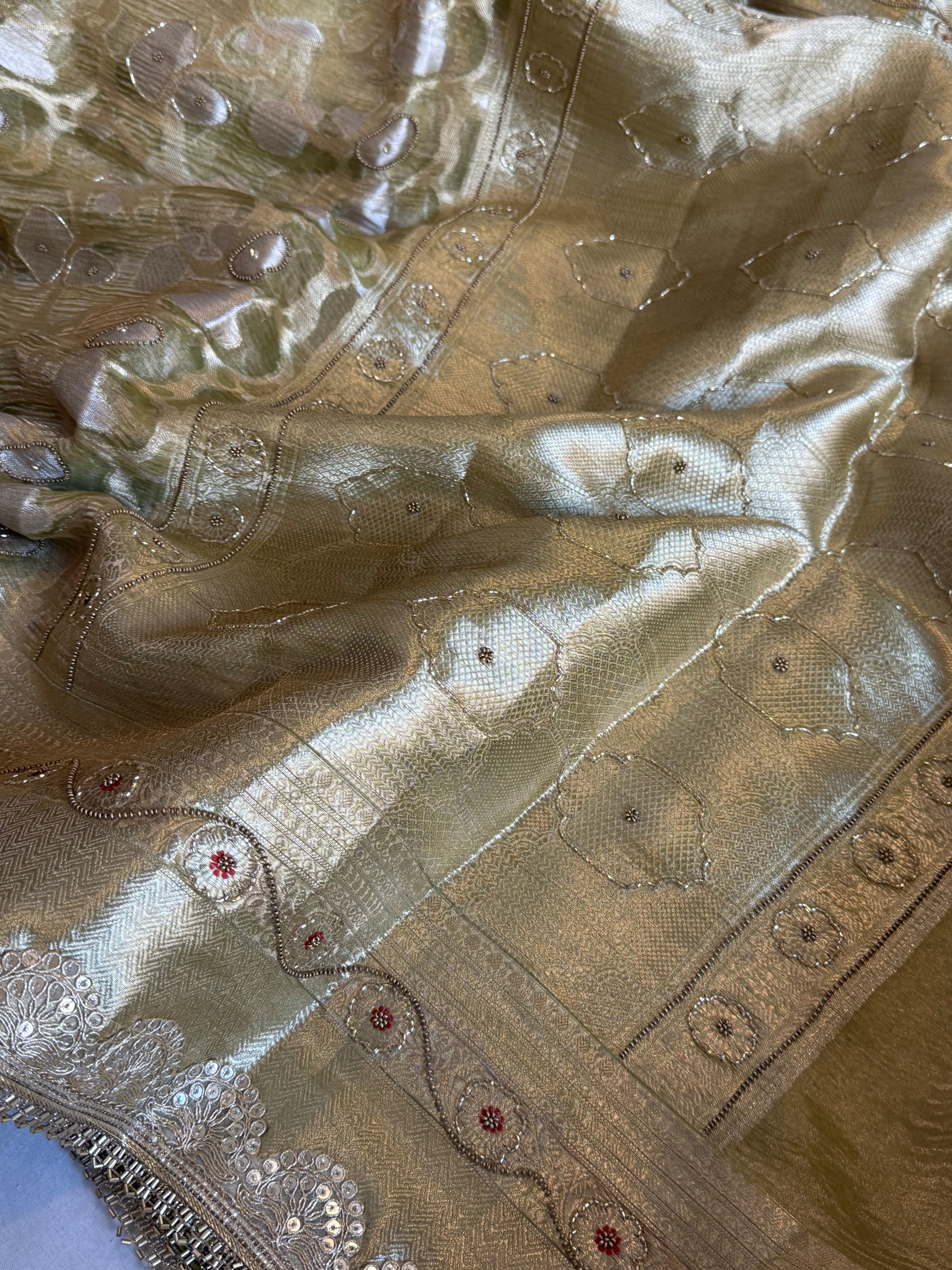 Mehfil sona rupa crushed tissue silk hand embroidered kadhwa saree