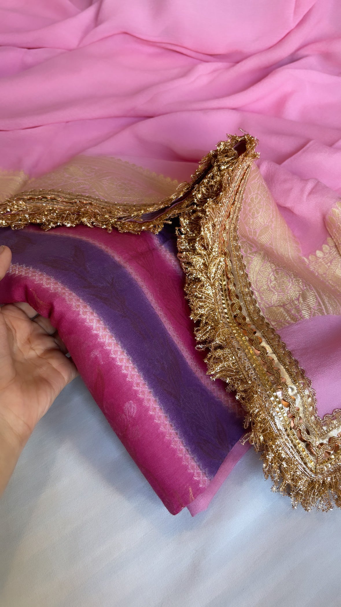 Moorni cherry pink rangkaat gorgette ombre shaded gotapatti suit sets