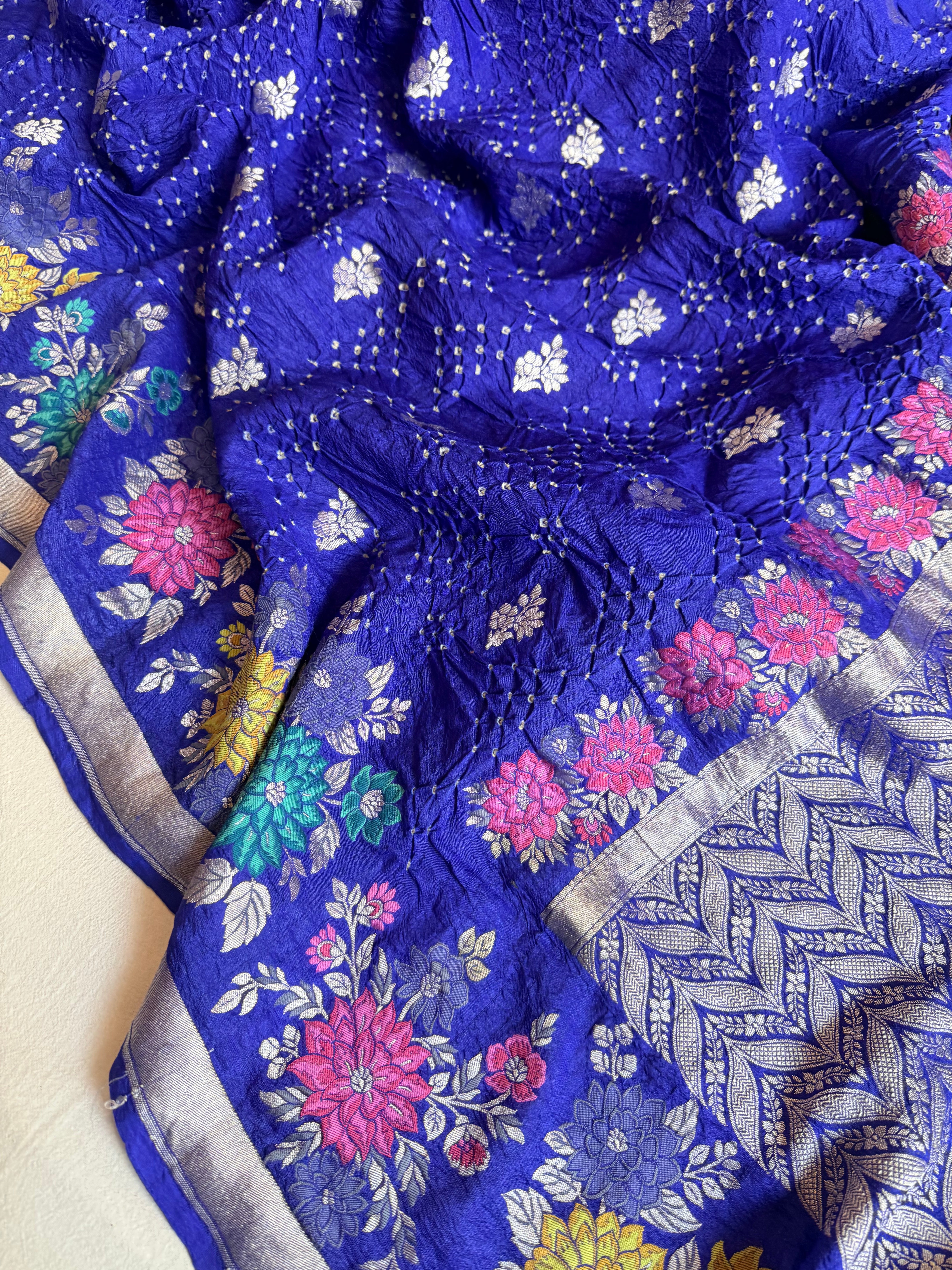 Banarasi tussar silk rai bandhej ink blue meenakari kadhwa saree