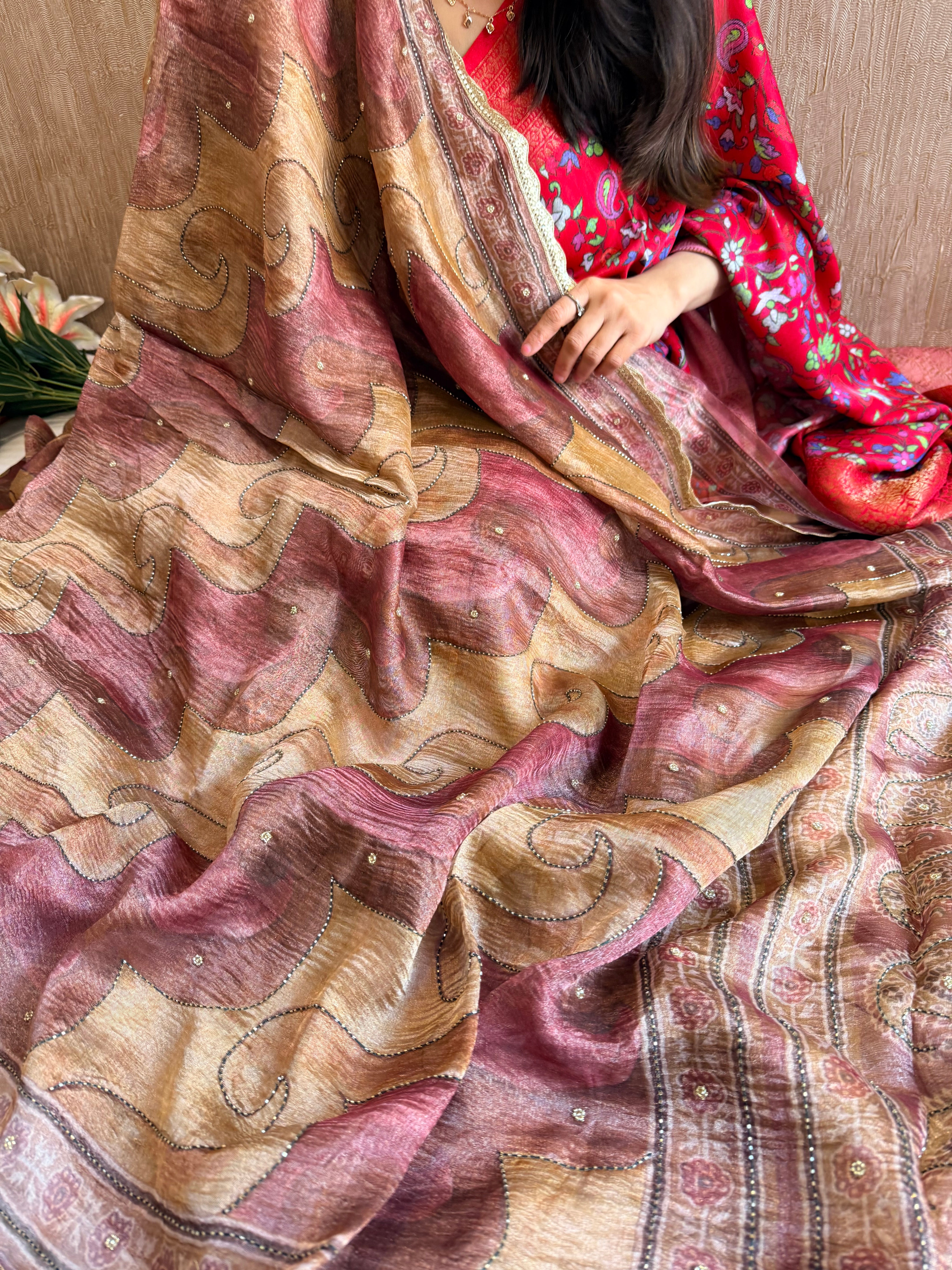 Printed tissue silk hand embroidered kadhwa gotapatti saree