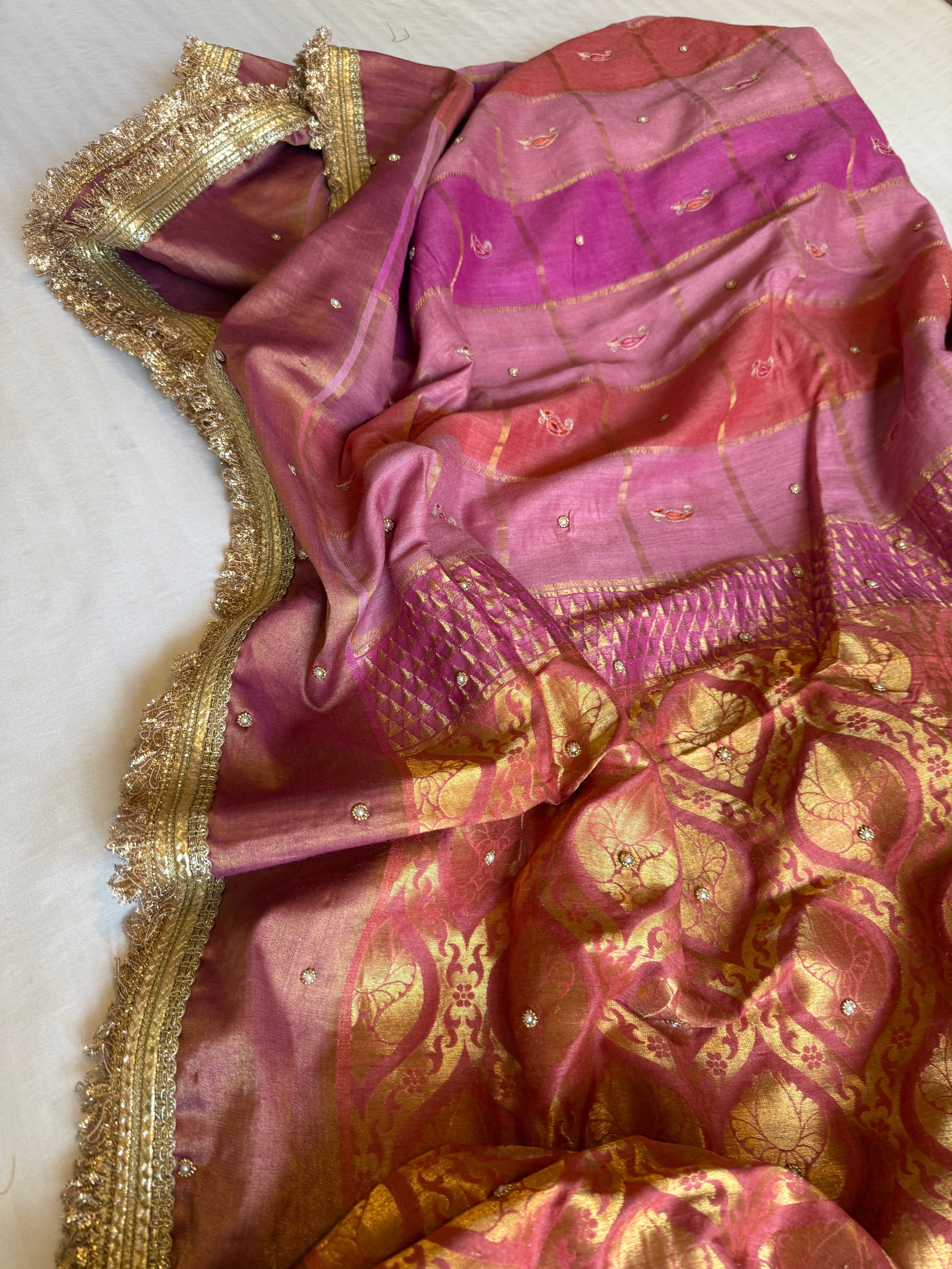 Moonga silk rangkaat kadhwa hand embroidered saree