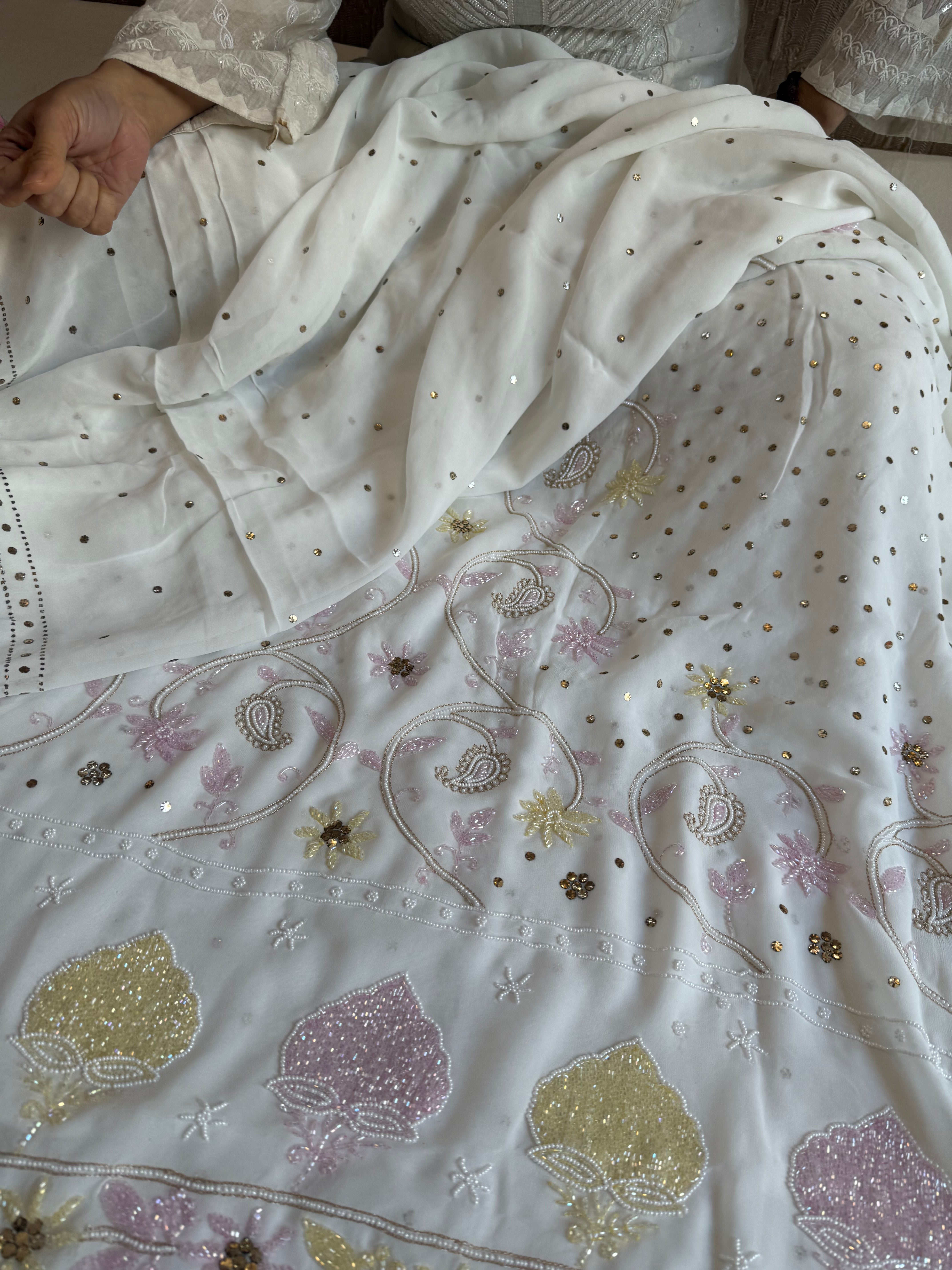 Banarasi gorgette mukaish and pearlwork hand embroidered kadhwa suit sets