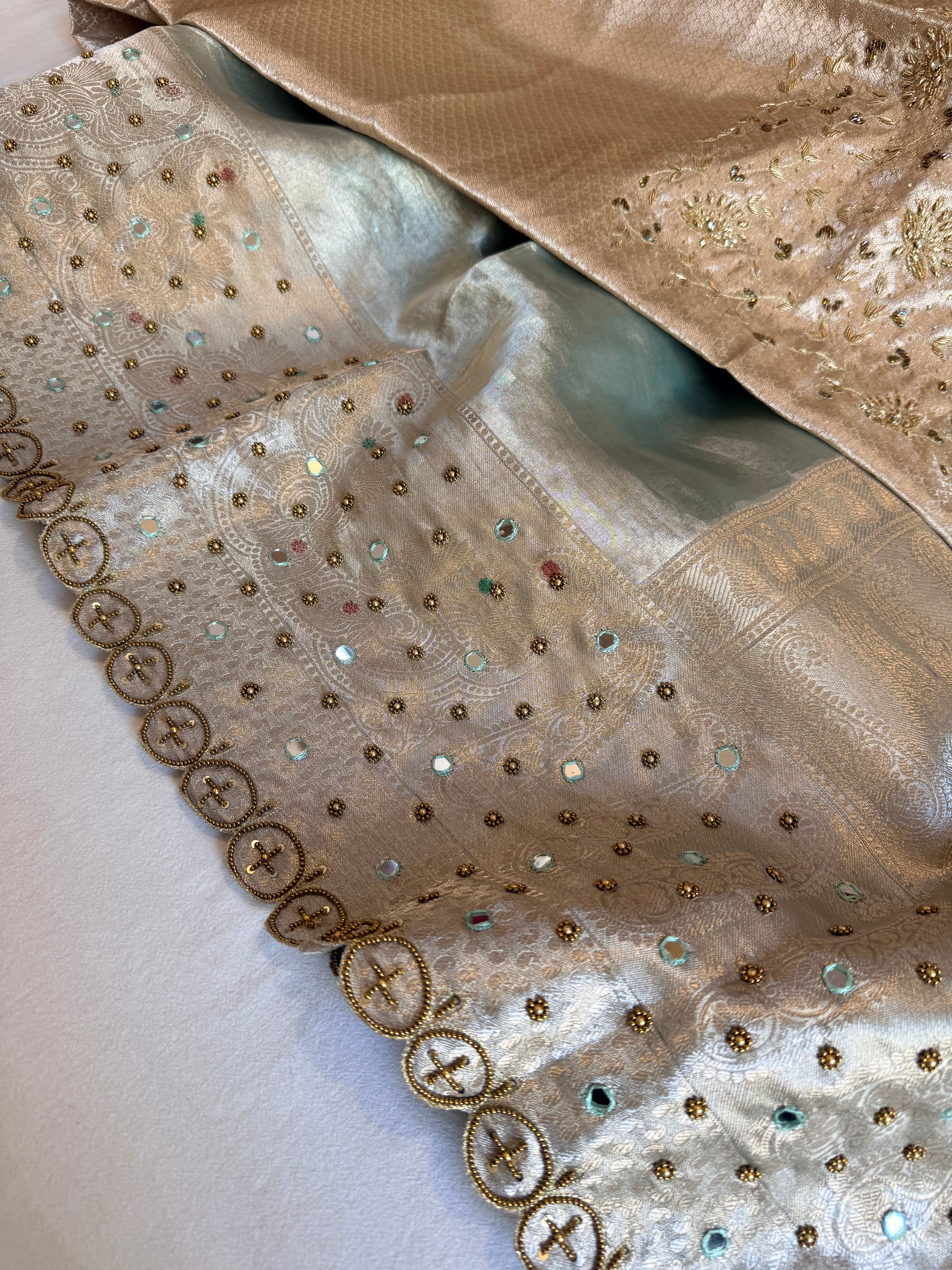 Candy green husn tissue silk hand embroidered kadhwa saree with heavy blouse