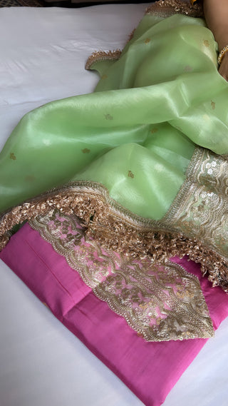 Pink-green kadhwa hand embroidered silk suit set from vyaah wala ghar edit