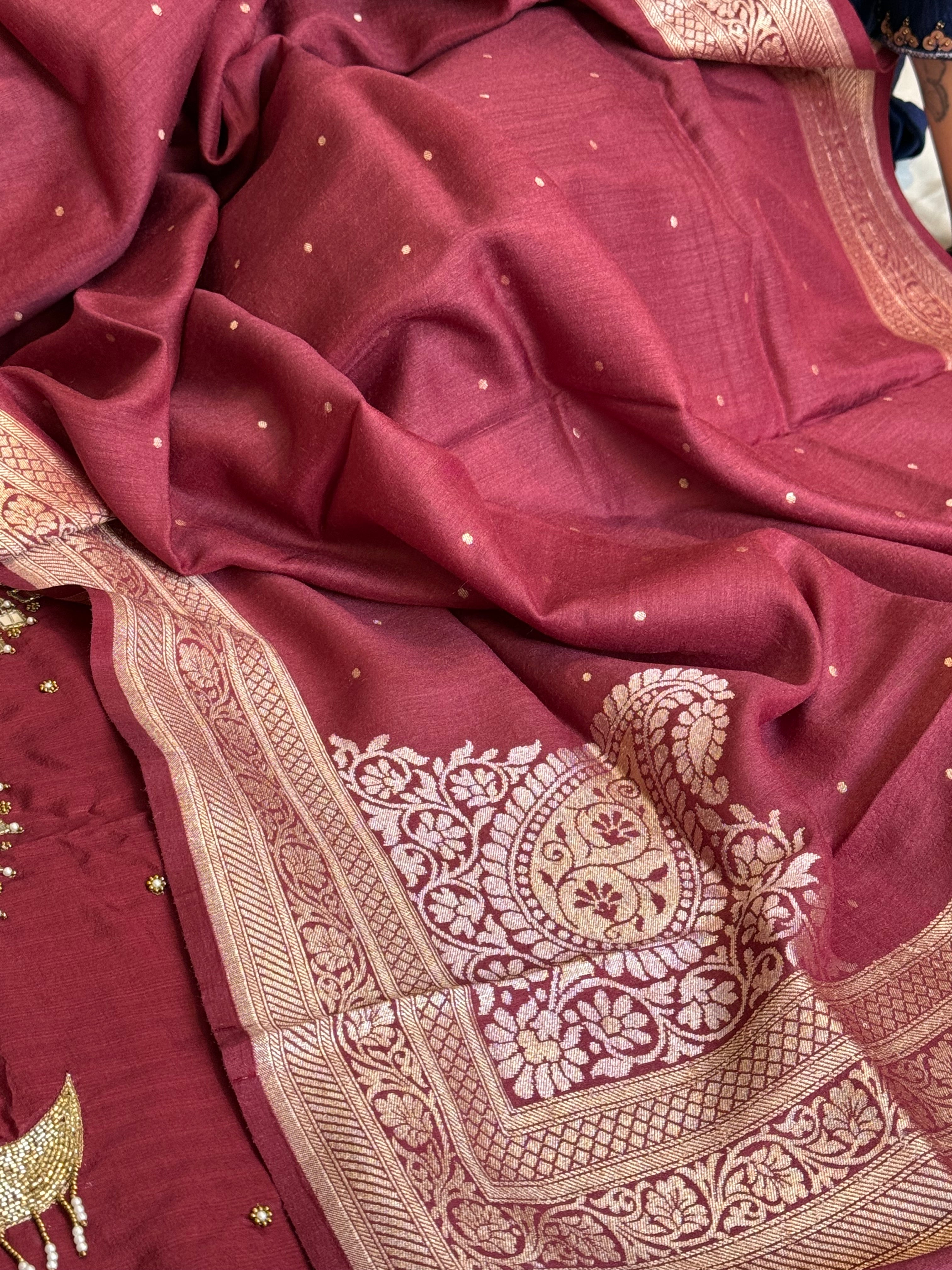 Sheesham maroon mirror work katan silk kadhwa hand embroidered suit set