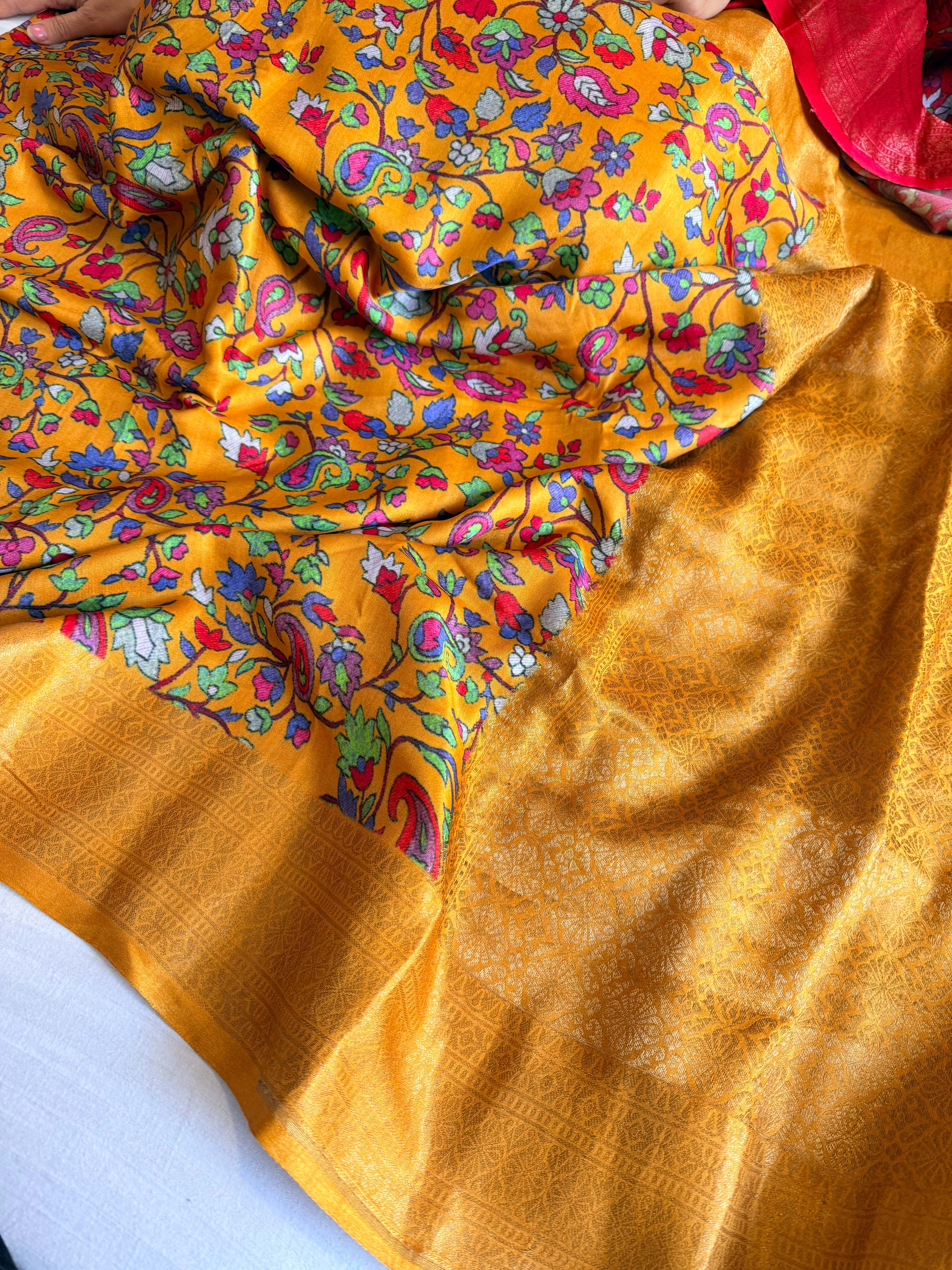 Banarasi mashru satin silk kani weaving printed olive gold saree