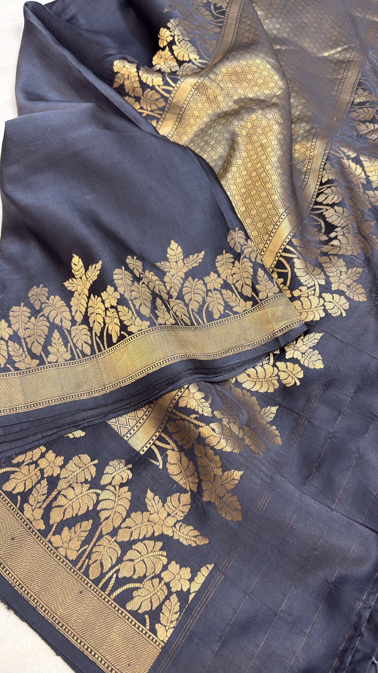Mashru satin silk english blueish-grey shade banarasi saree