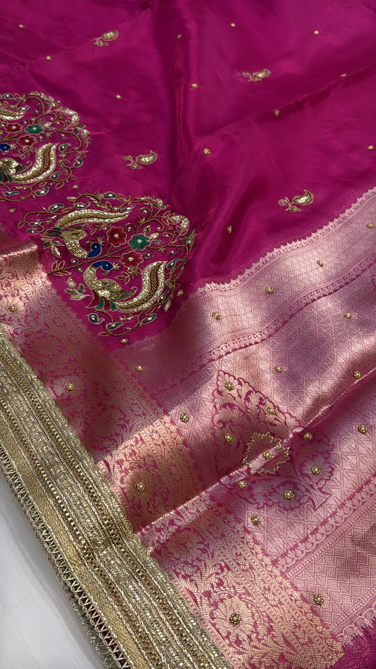 Pink special - Husn hot pink tissue silk peacock motif hand embroidered saree