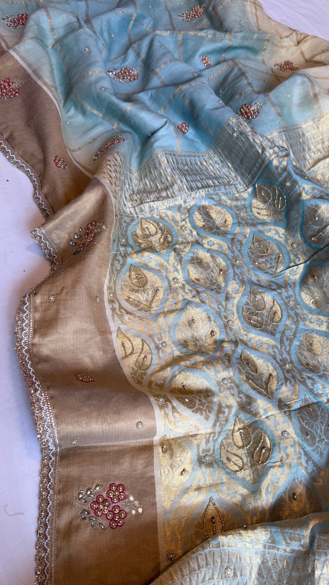 Ice blue ombre shaded moonga tussar silk kadhwa hand embroidered saree