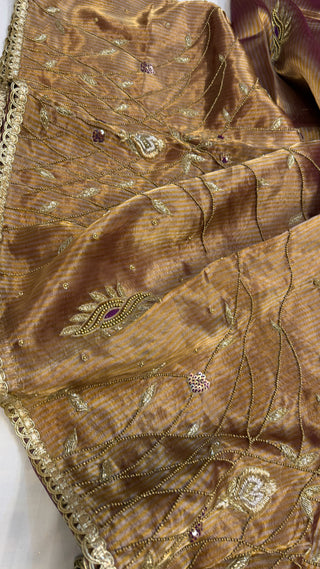 Cocktail wali sarees - Kanjivaram purple tissue silk heavy hand embroidered saree