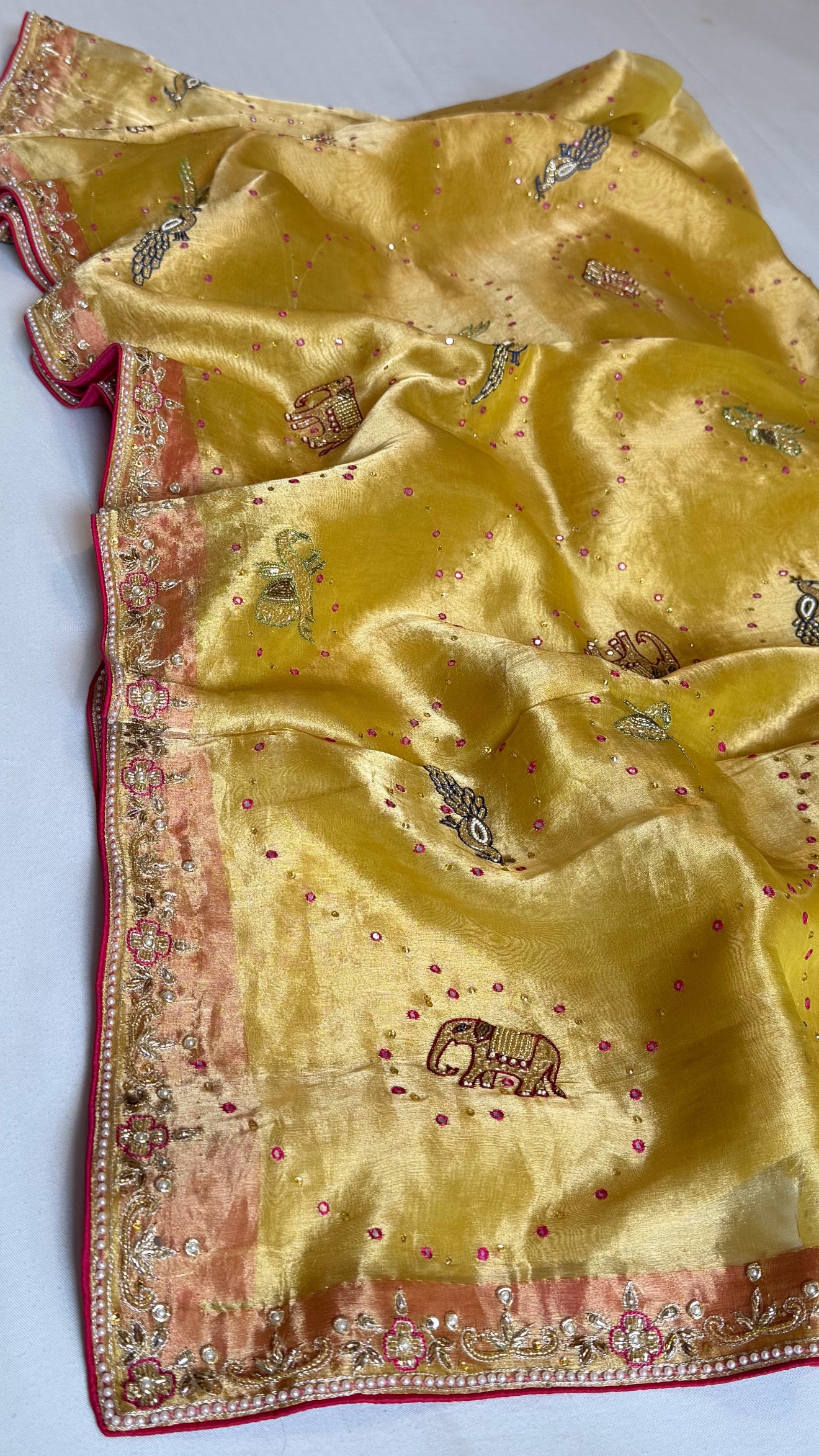 Shikarbagh edit tissue silk hand embroidered kadhwa saree