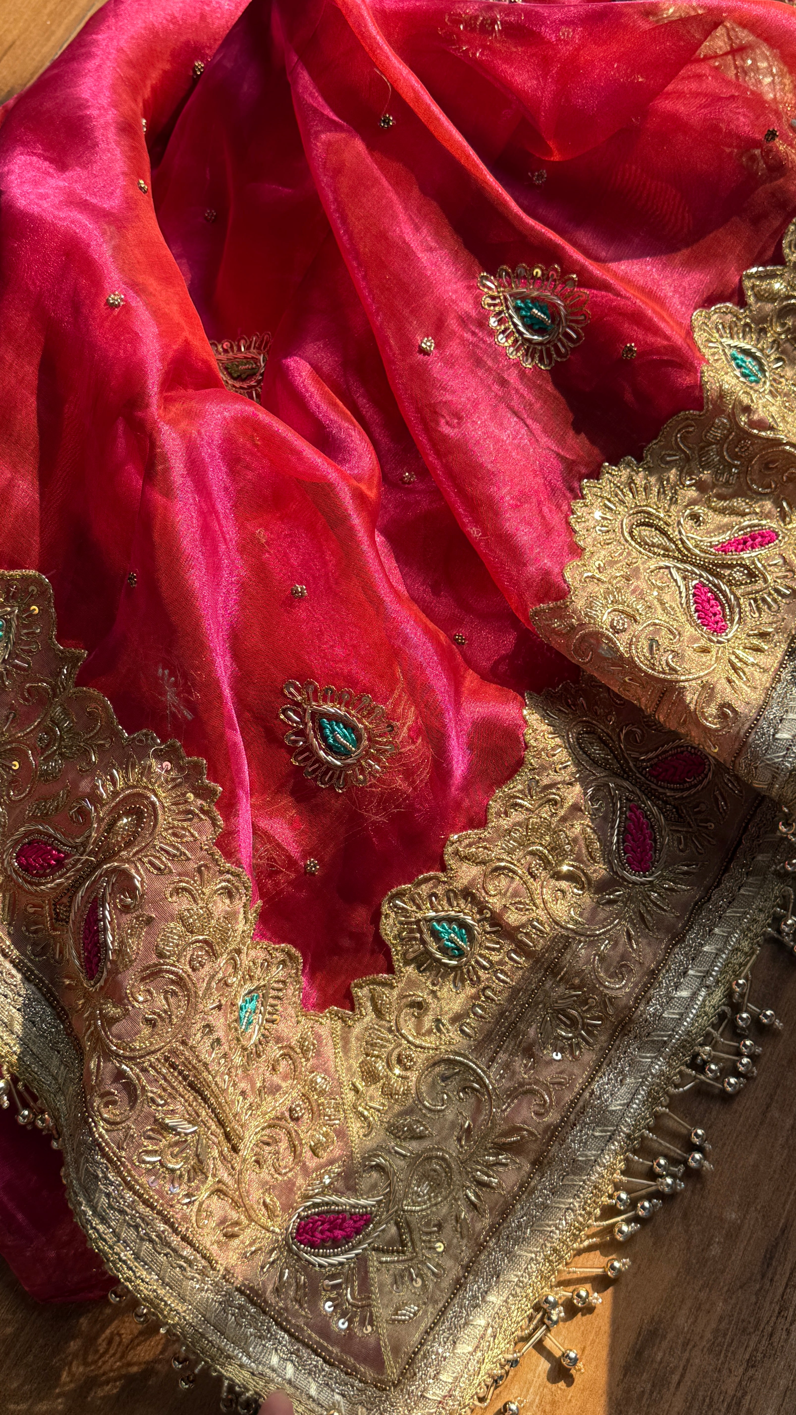 Golden banarasi zardozi heavy hand embroidered meenakari saree