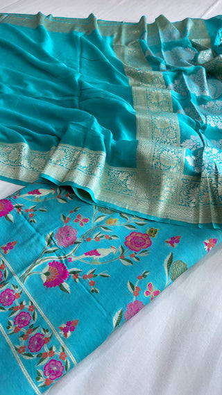 Firozi blue moonga silk meenakari kurta paired with gorgette duppata suit set