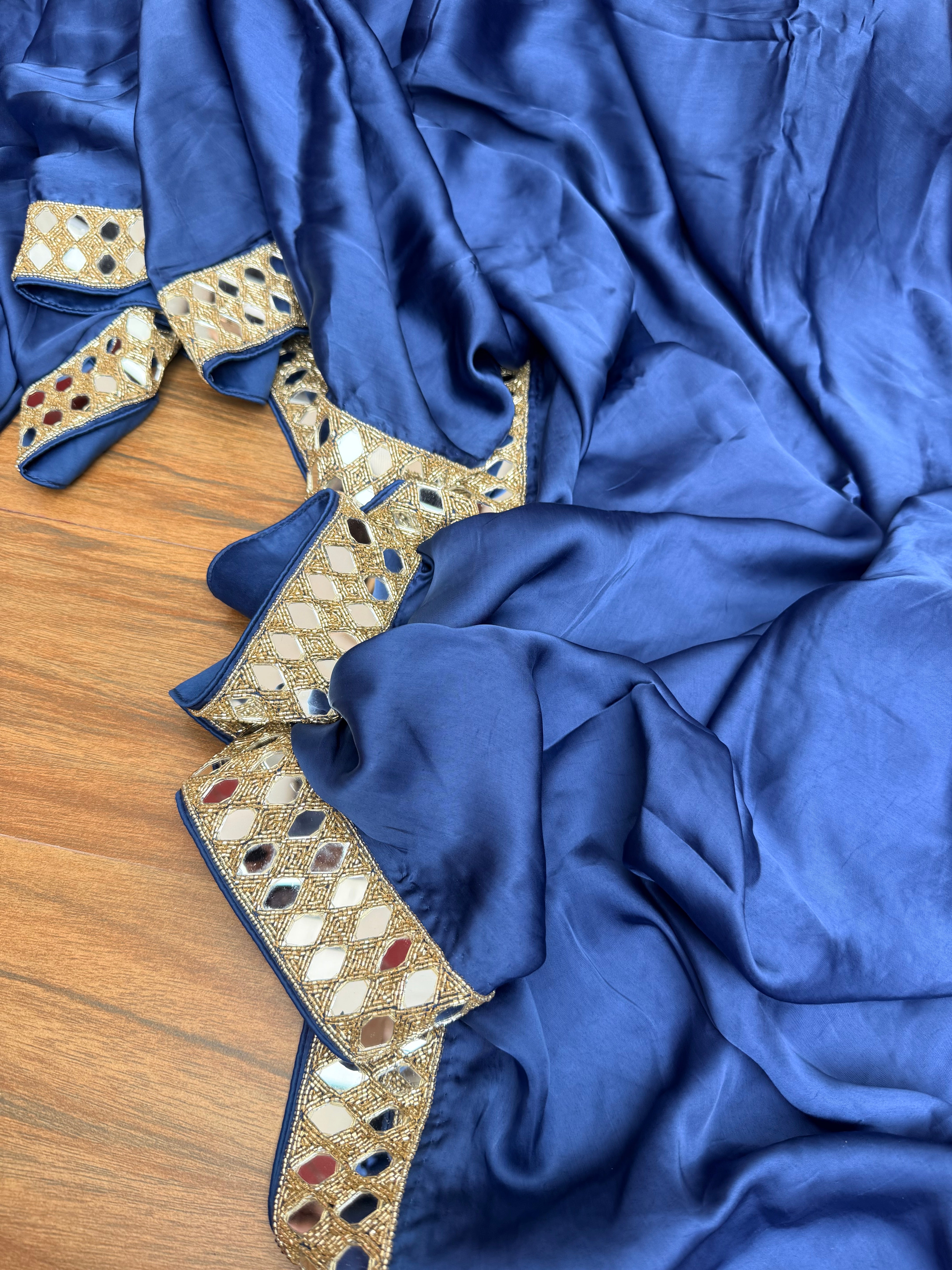 Tyohaar edit - Navy blue mashru satin silk mirrorwork kadhwa saree