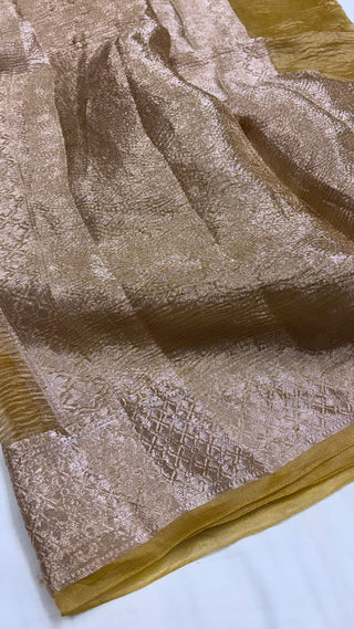 Pure banarasi mustard yellow crushed tissue silk handwoven kadhwa saree with intricate border and kadhwa blouse