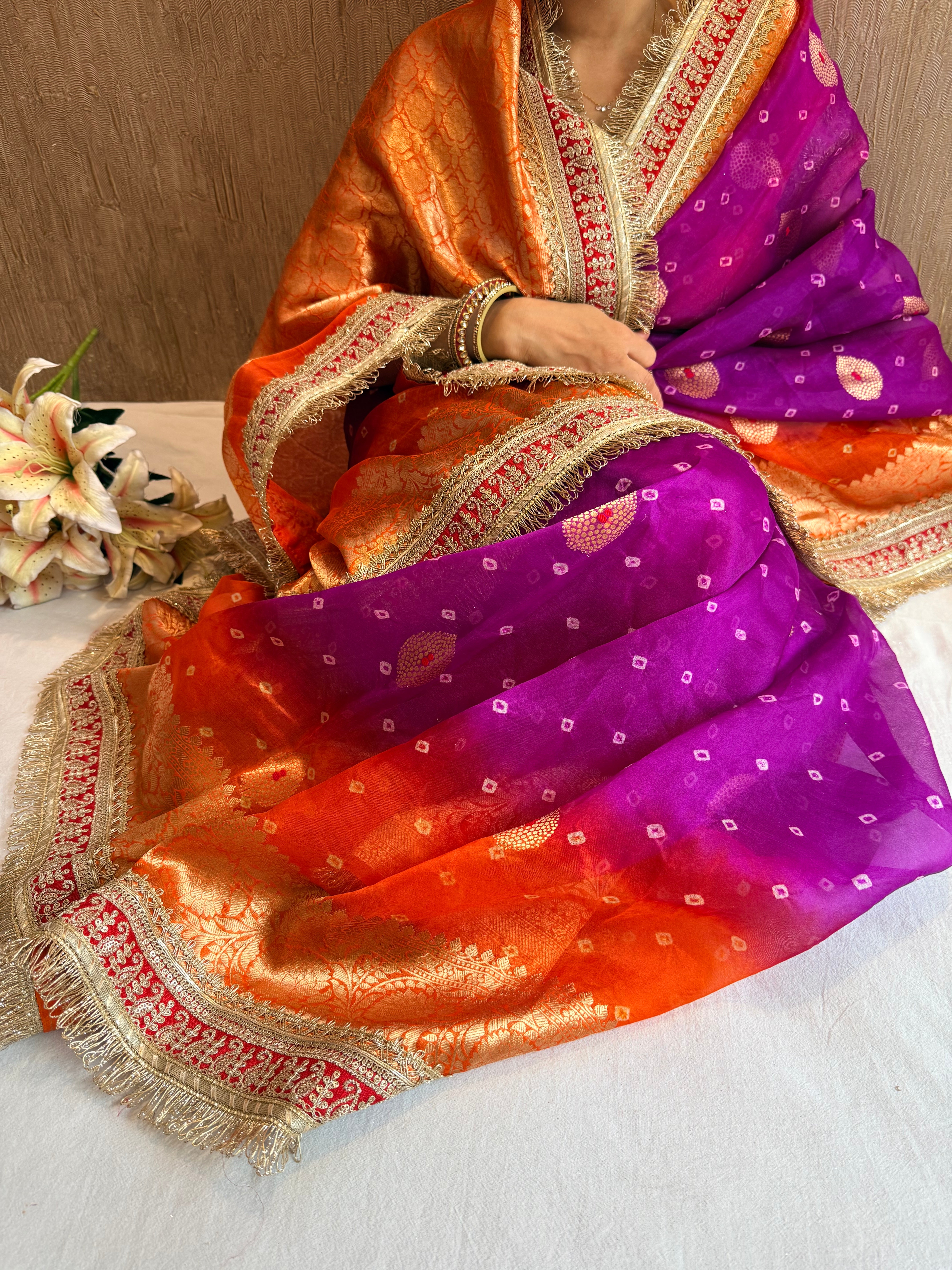 Mayra wali saree - Kora silk bandhej work meenakari gotapatti saree