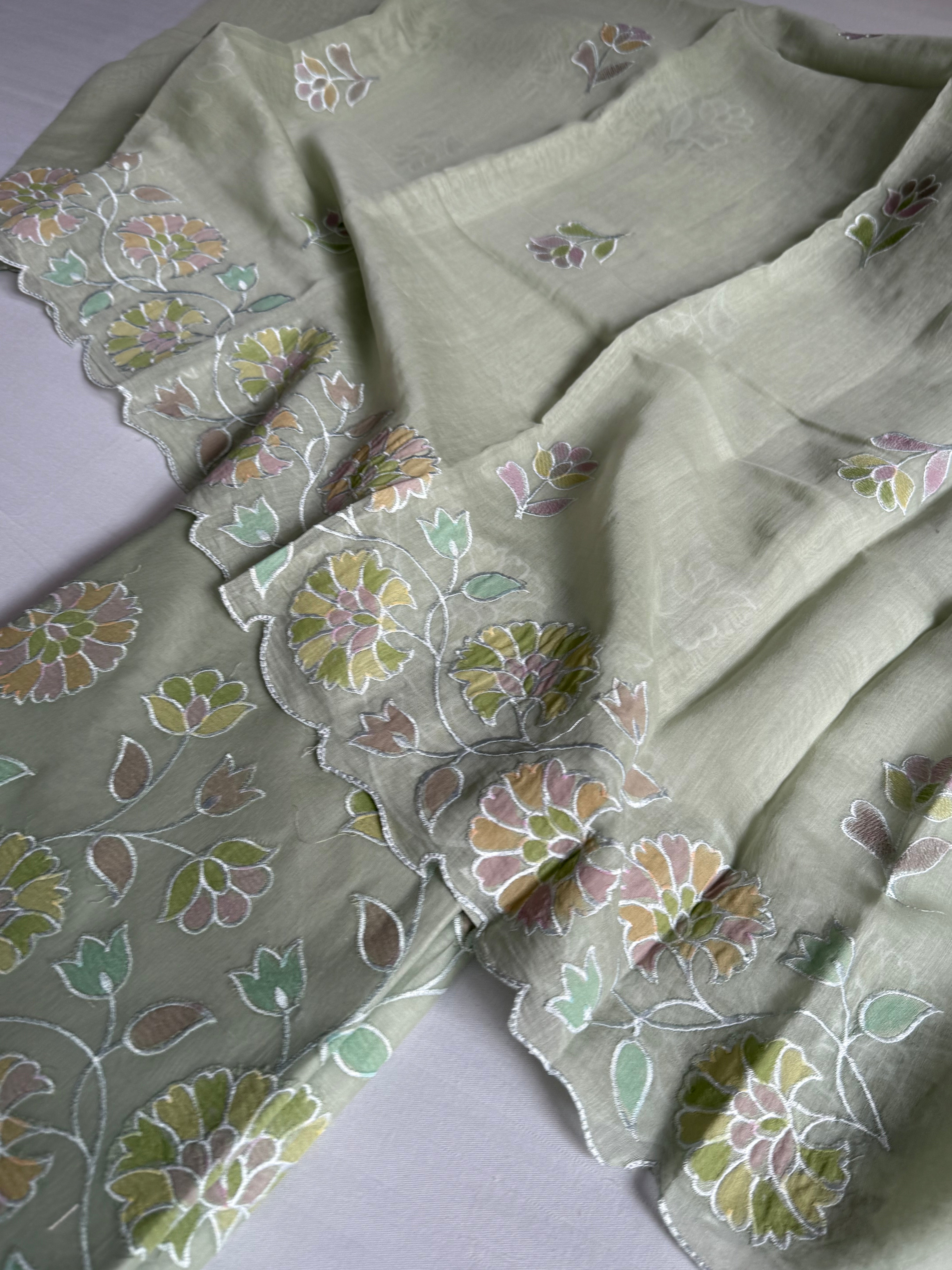 Sage green mul banarasi cotton brush dyed appliqué work suit set