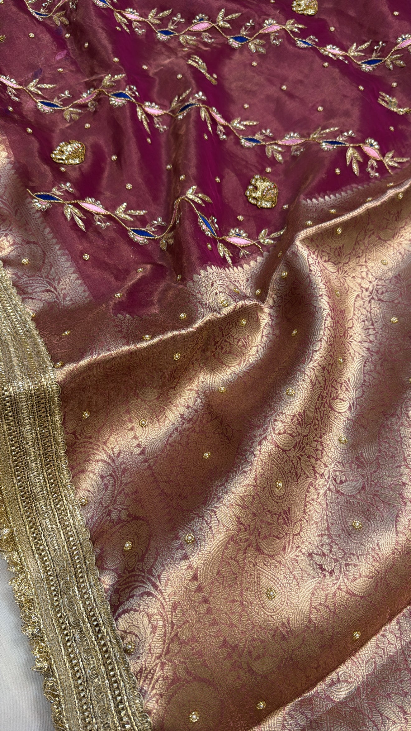 Grapewine purple elephant motif tissue silk hand embroidered kadhwa saree