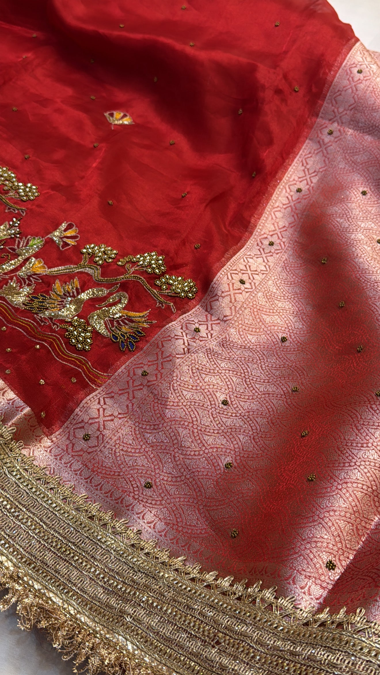 Dulhan ka joda red tissue silk hand embroidered kadhwa saree