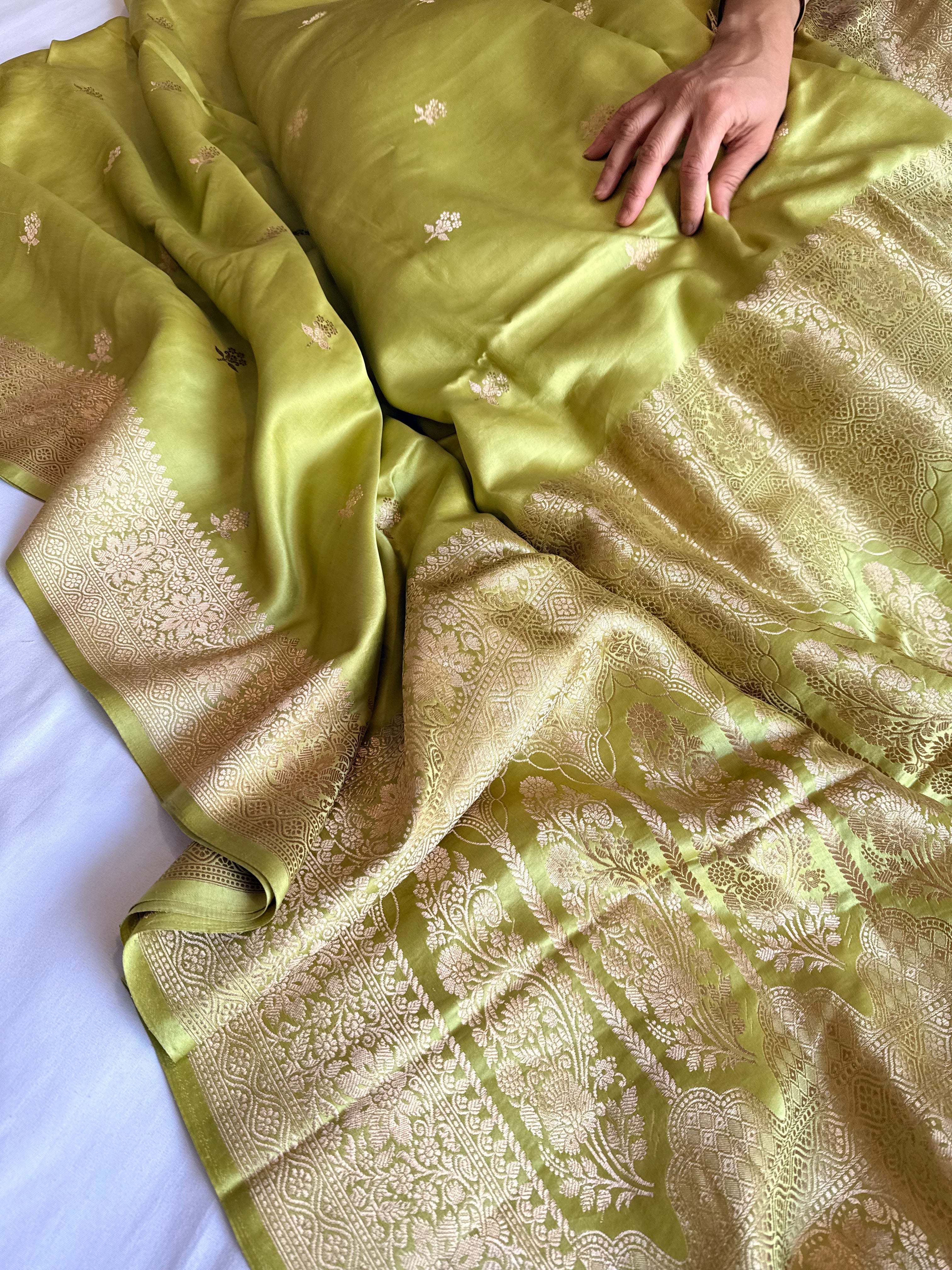 Chutney green banarasi mashru silk kadhwa buti saree