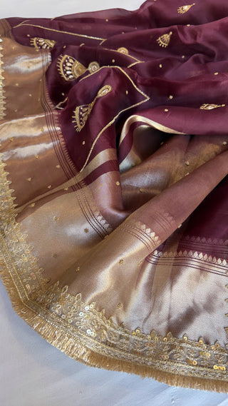 Dulhan ka pitara - caffeine maroonish kora silk hand embroidered saree