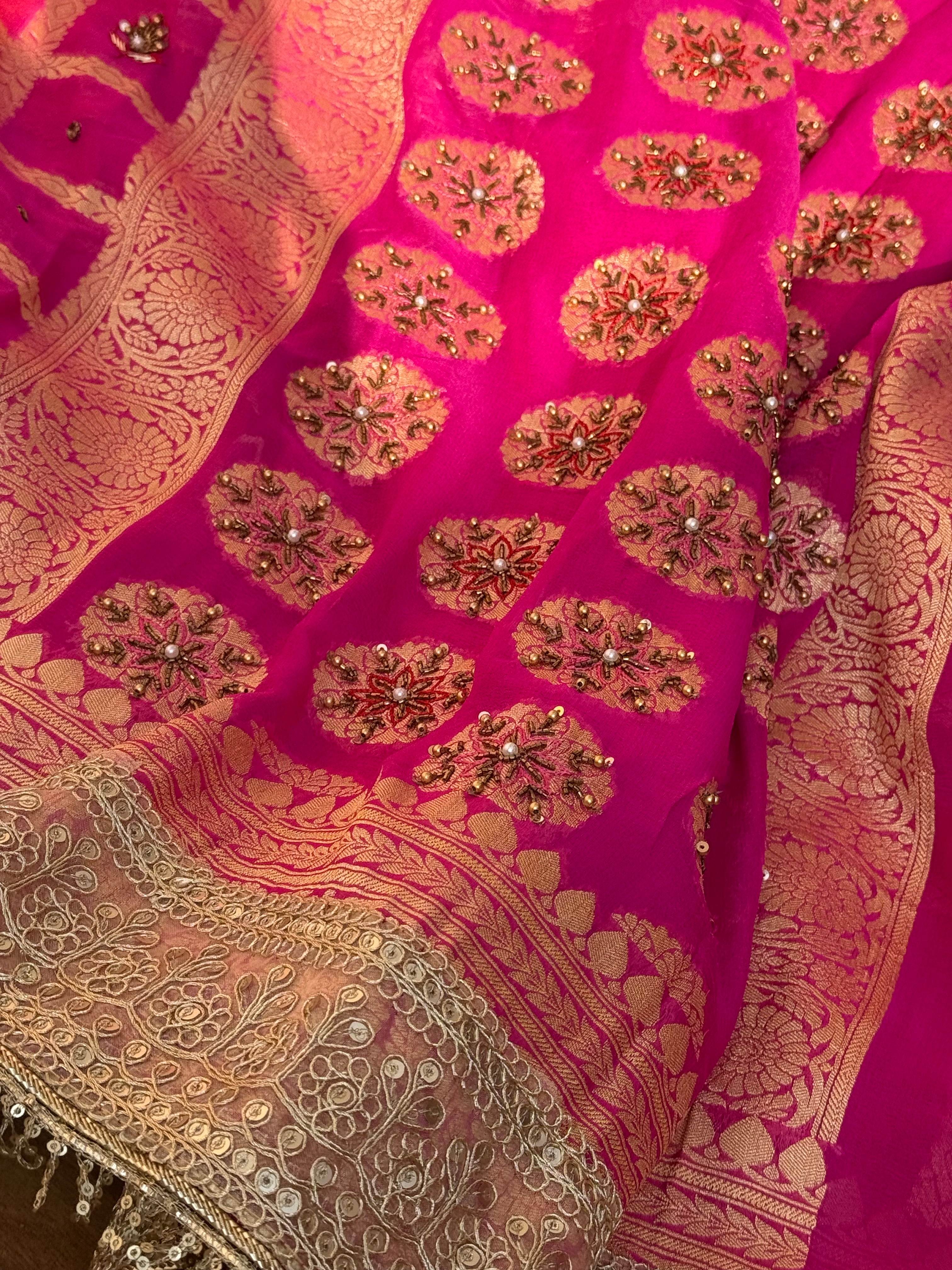 Grah pravesh wali saree - Red rani rangkaat hand embroidered chiffon gorgette kadhwa saree