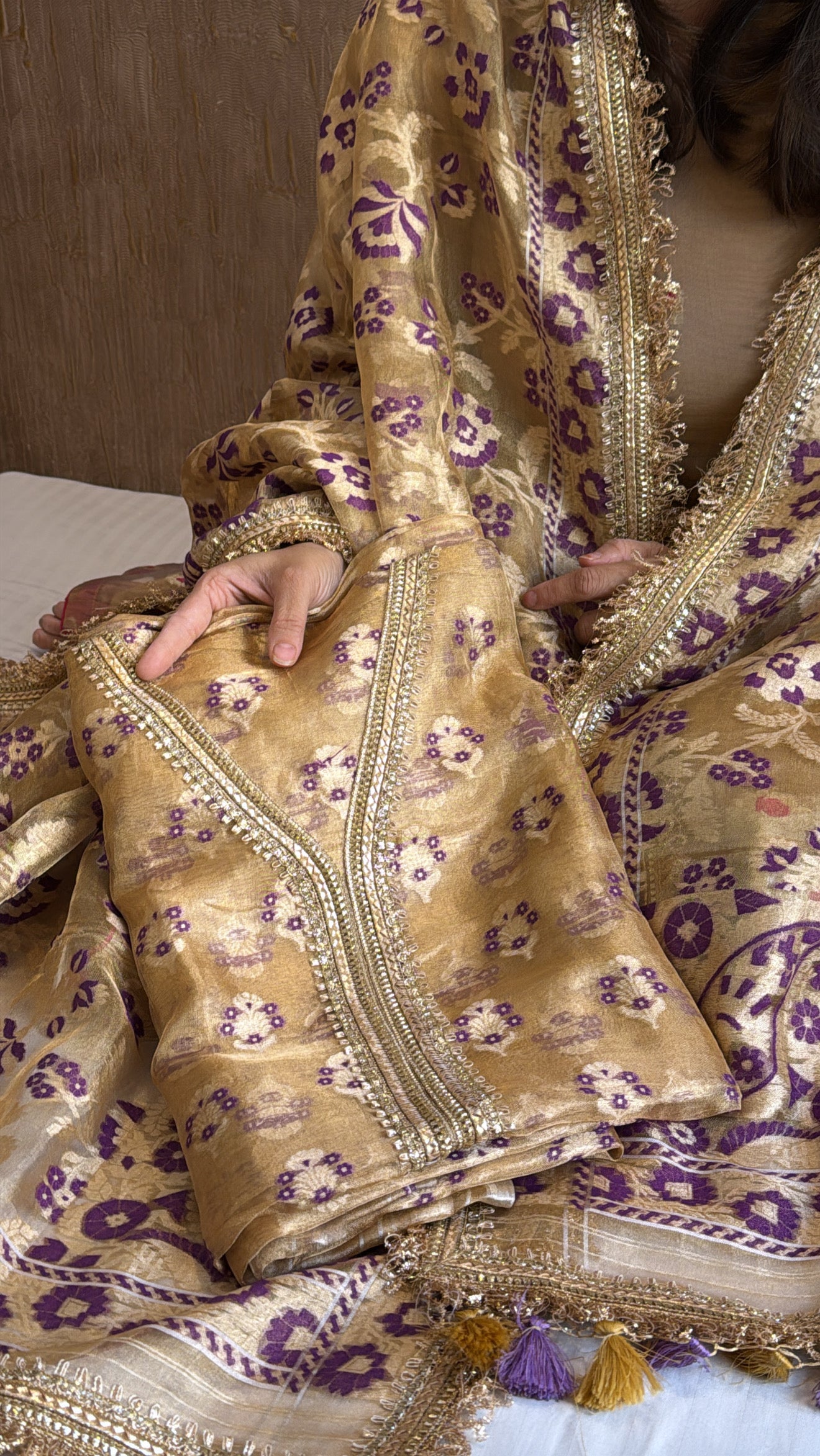 Vivah edit - Golden tissue silk jamdani weaving meenakari hand embroidered suit set