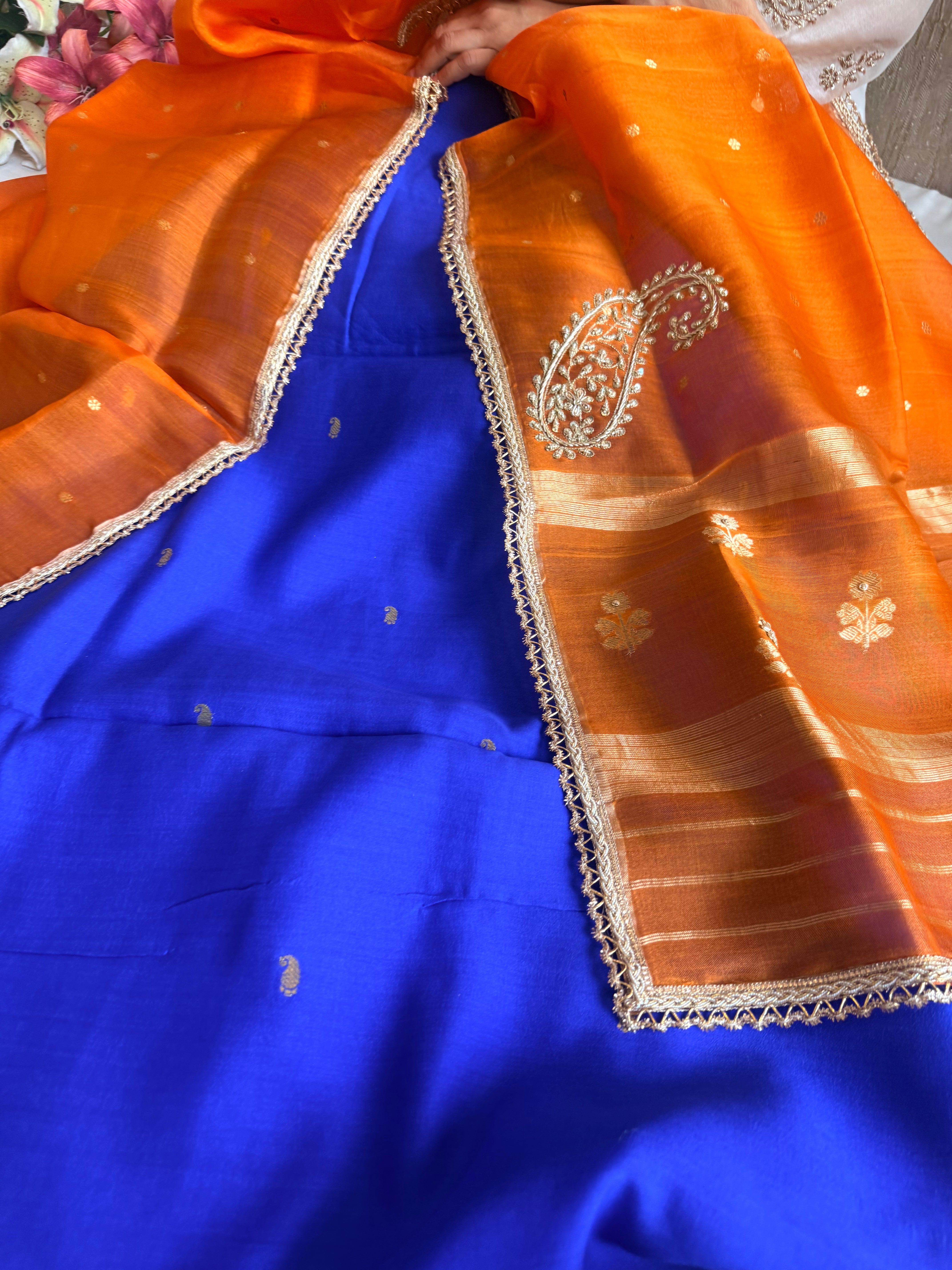 Ink blue - fanta orange chiniya silk kadhwa buta kurta paired with kora silk red duppata