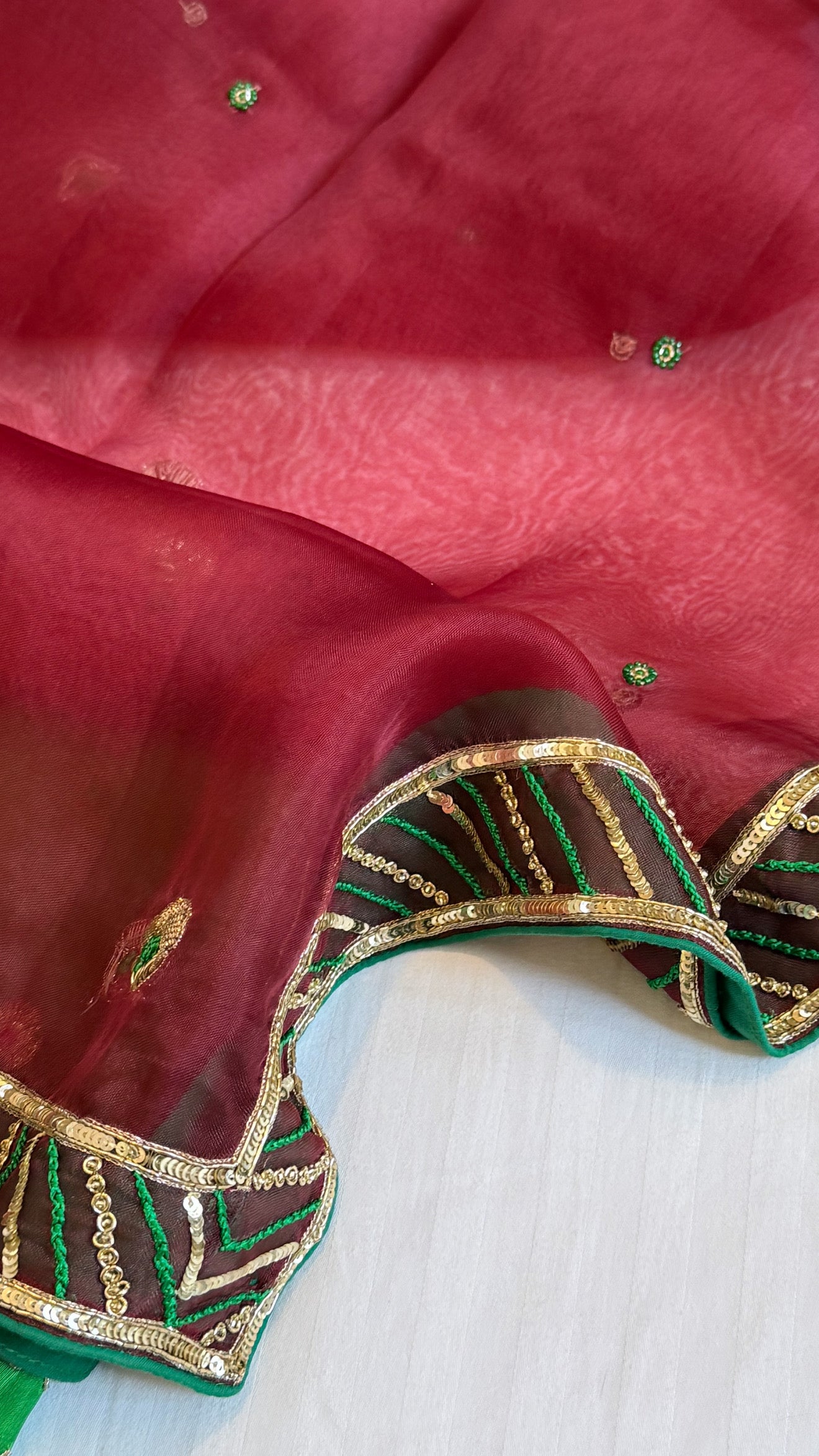 Parrot green - blood red shade katan silk hand embroidered kurta paired witj kora silk zardozi duppata