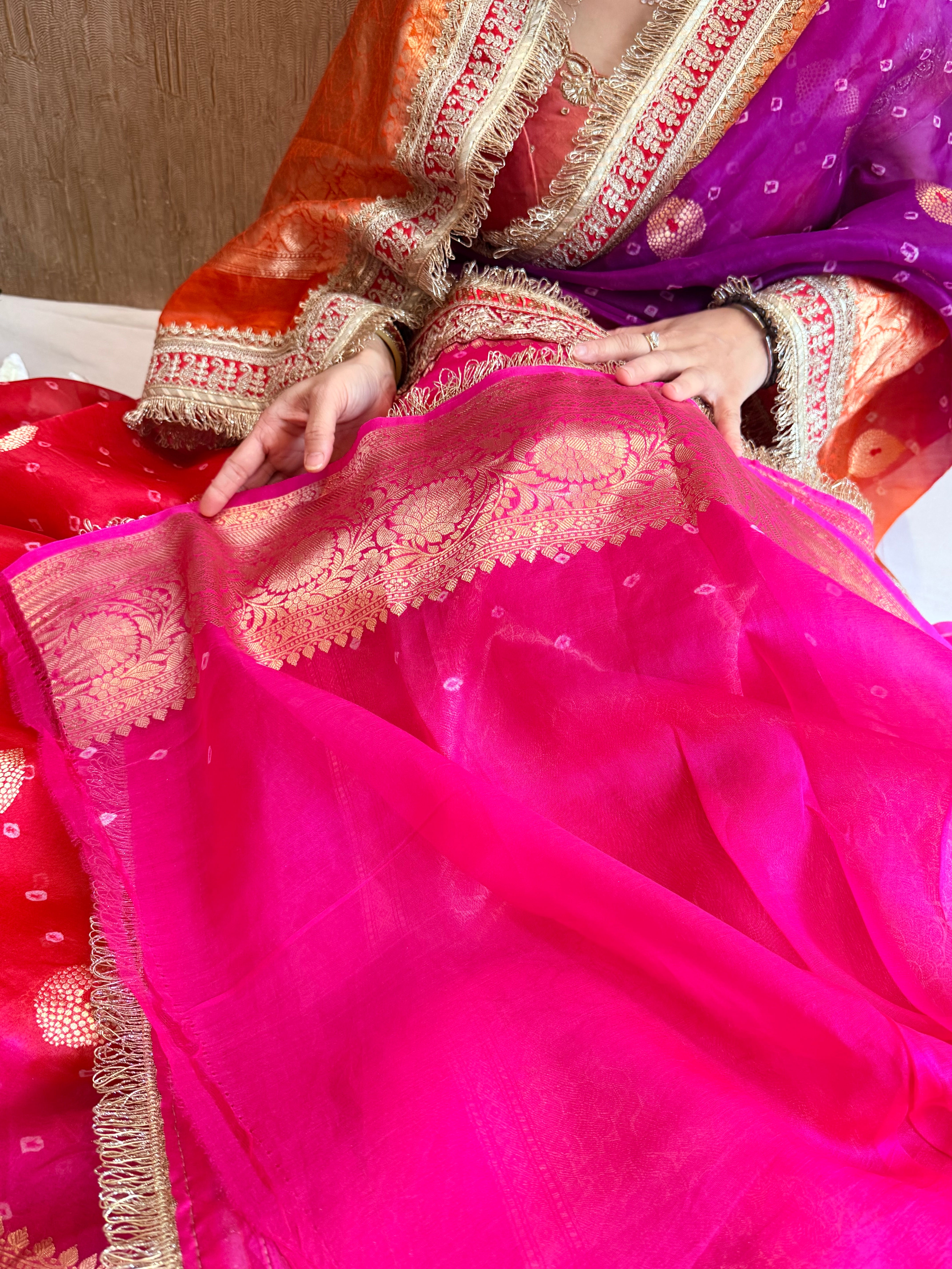 Mayra wali saree - Kora silk bandhej work meenakari gotapatti saree