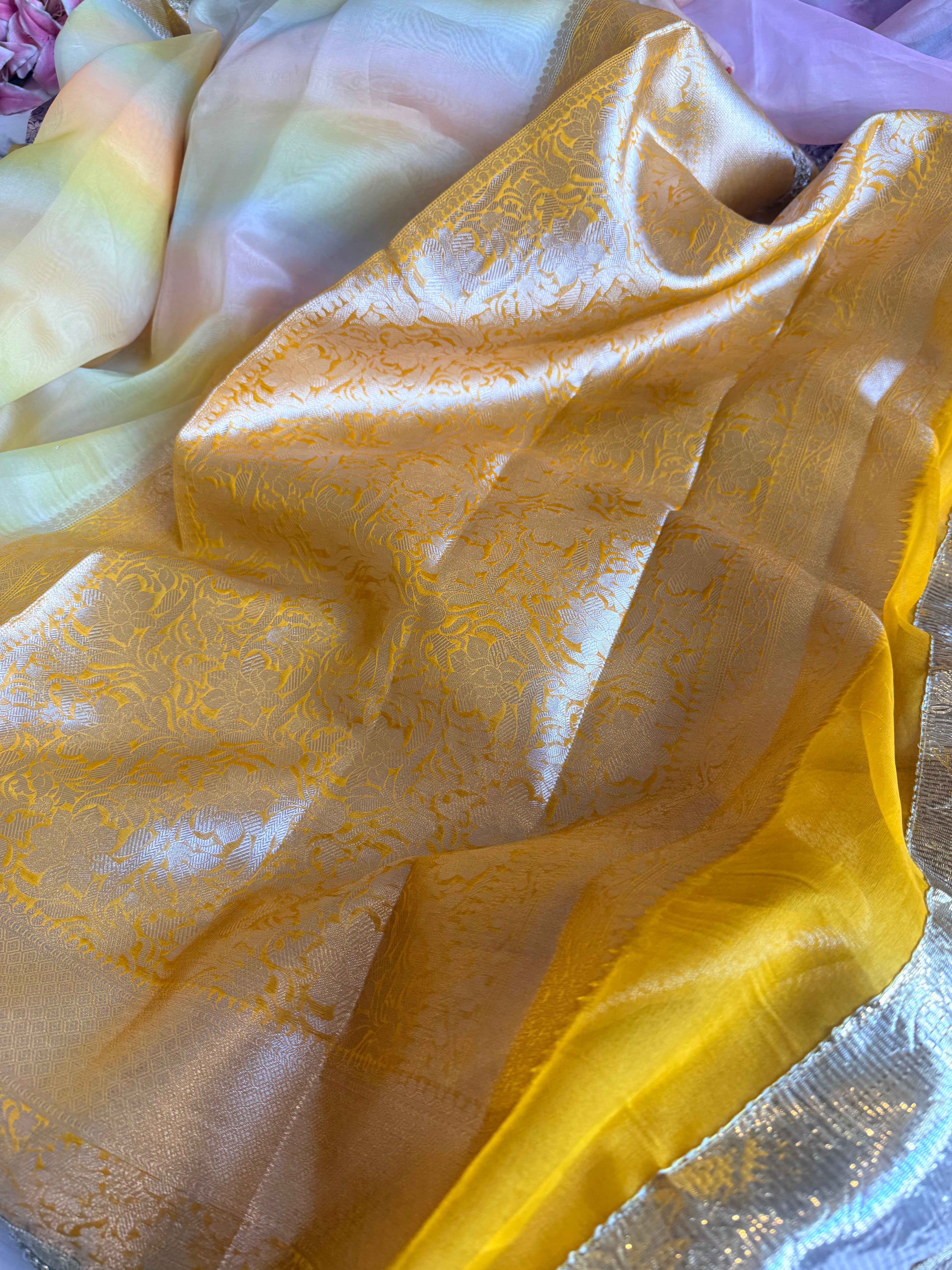 Banarasi kora silk rainbow dyed kadhwa saree with gotapatti work